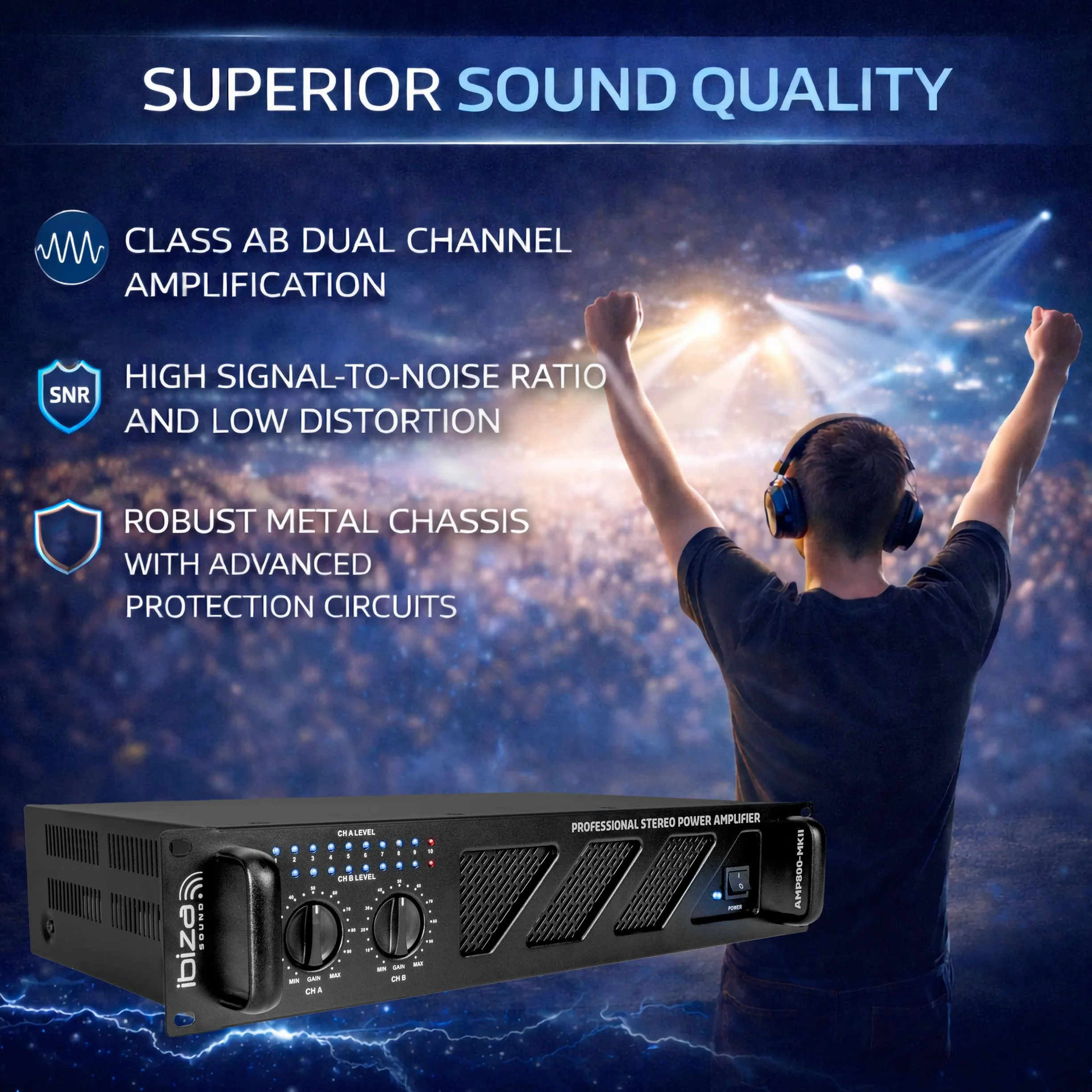 Ibiza - AMP800-MKII - Profesjonalny wzmacniacz z procesorem dźwięku 2x600W z wejściami RCA/Jack i wyjściami Speakon/Born - możliwość montażu w szafie rack 19" - czarny
