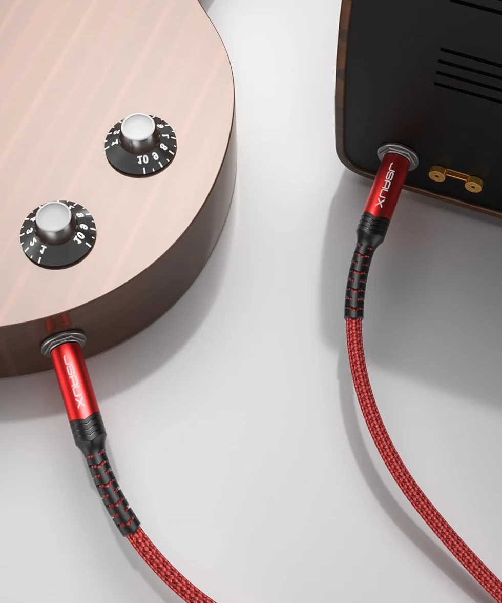 JSAUX Kabel Gitarowy 3M, 1/4" 6.35mm do 6.35mm TRS Stereo Audio Gitarowy Przewód Nylonowy Warkocz Jack Instrumentowy Kabel dla Gitary Elektrycznej, Basu, Wzmacniacza, Klawiatury - Czerwony