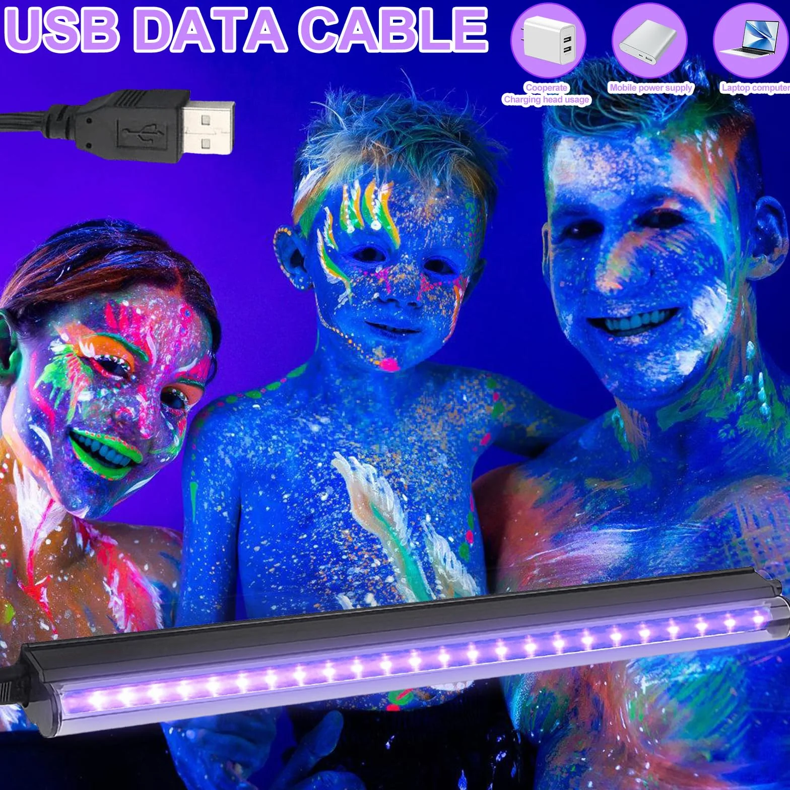GBKDQQ Czarne światło LED, 2 sztuki, lampa UV 5 W, 28 cm, USB, czarne belki świetlne, z wtyczką i przełącznikiem, paski świetlne UV, światło imprezowe, na imprezę, dyskotekę, do baru, oświetlenia