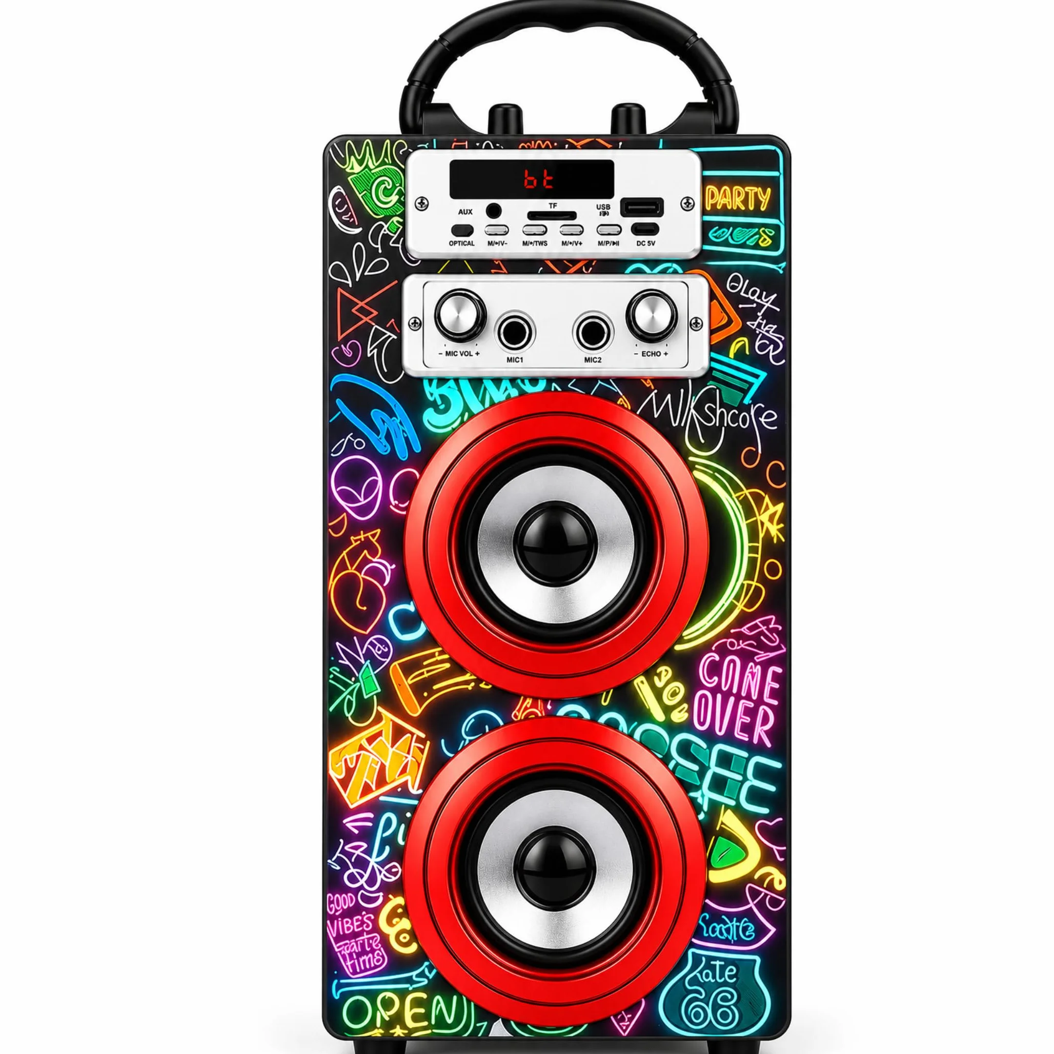DYNASONIC Przenośna maszyna do karaoke Bluetooth 2 mikrofony światła czytnik USB SD