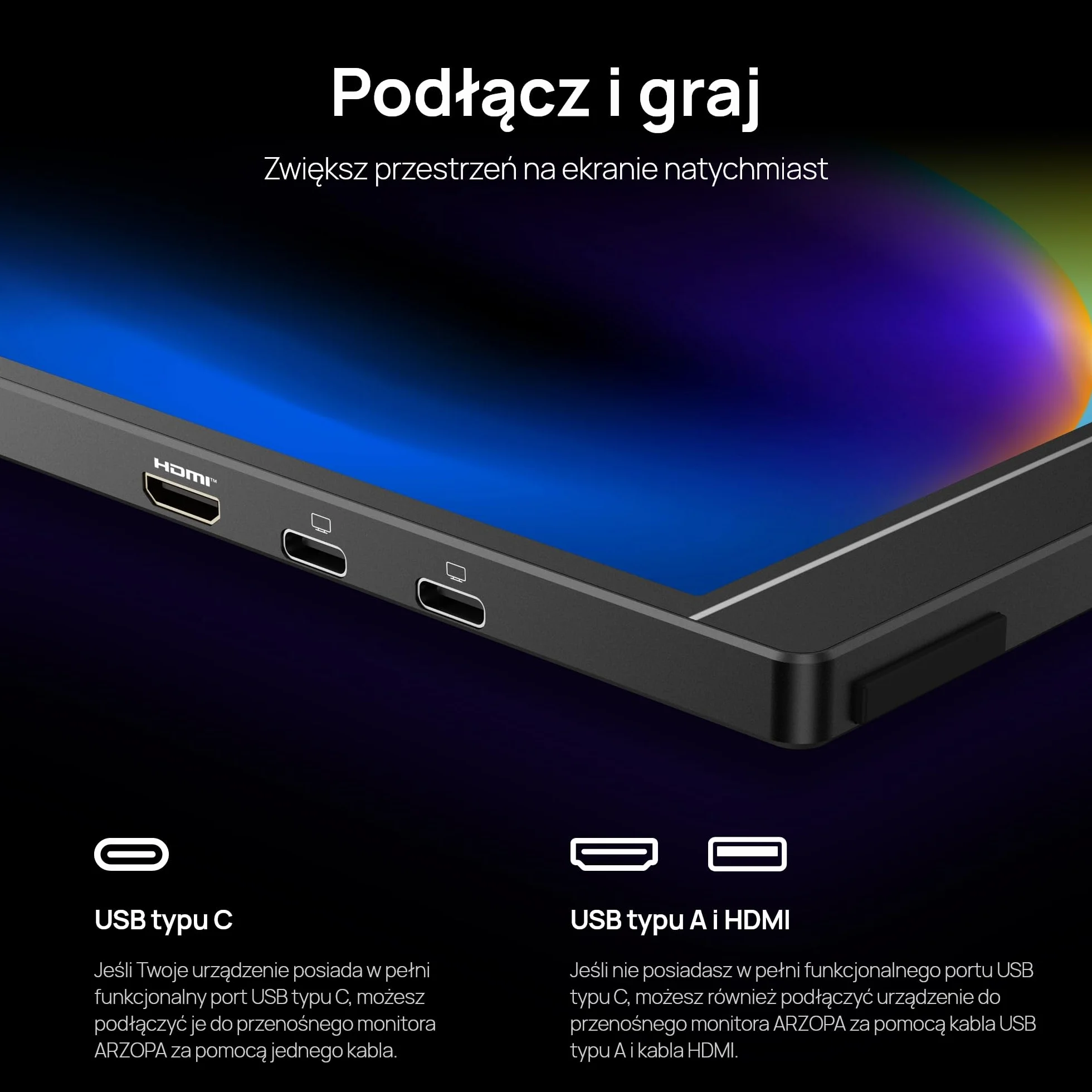 ARZOPA 16" Przenośny Monitor 2.5K | Matryca IPS 123% sRGB 400 Nit | Ekran do Pracy 16:10 do Laptopa, Mac, PC, Telefon | USB-C i HDMI - Z1RC