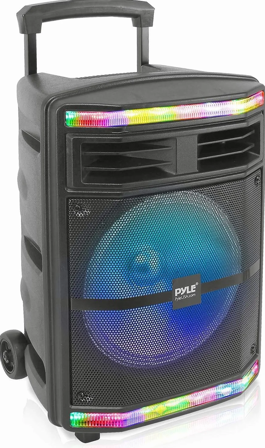 Pyle Przenośny system głośników Bluetooth PA – głośnik Bluetooth 600 W, przenośny system PA z akumulatorem 1/4" mikrofon, oświetlenie imprezowe, czytnik kart MP3/USB SD, kółka do toczenia