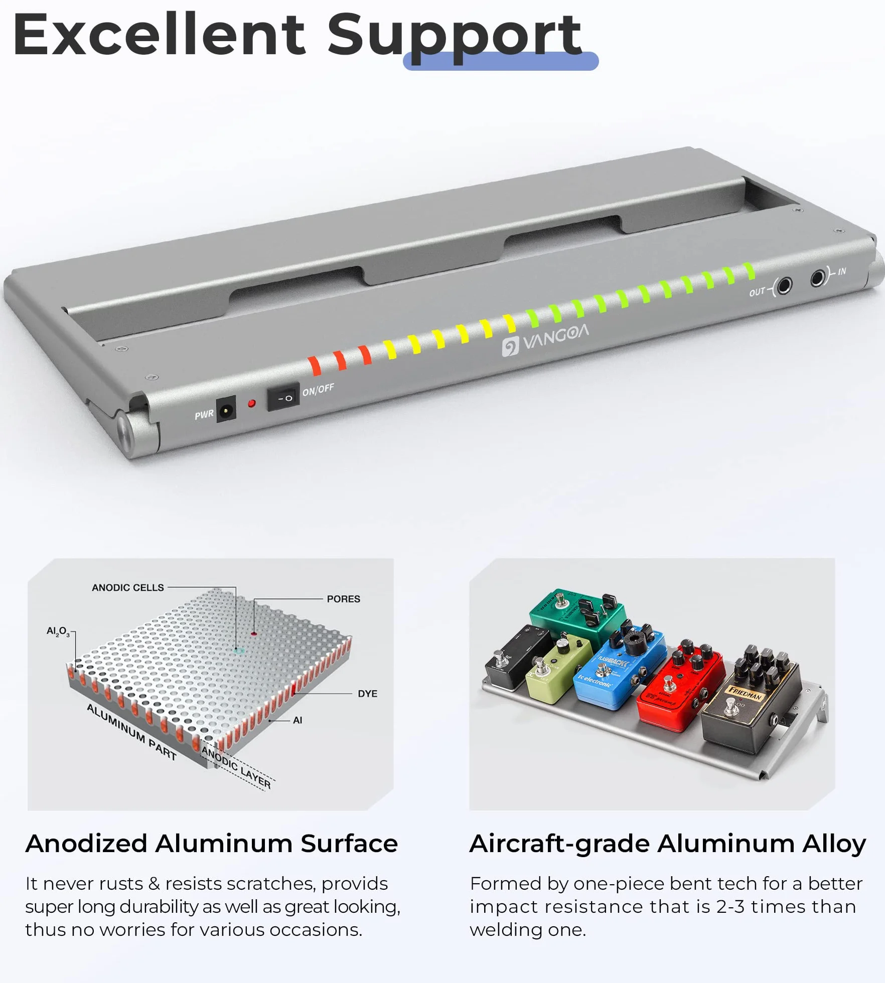 Vangoa do gitary elektrycznej z izolowanym zasilaczem, wejście 8 x 9 V, stop aluminium 1,3 kg, lekki pedalboard z torbą do przenoszenia, srebrna