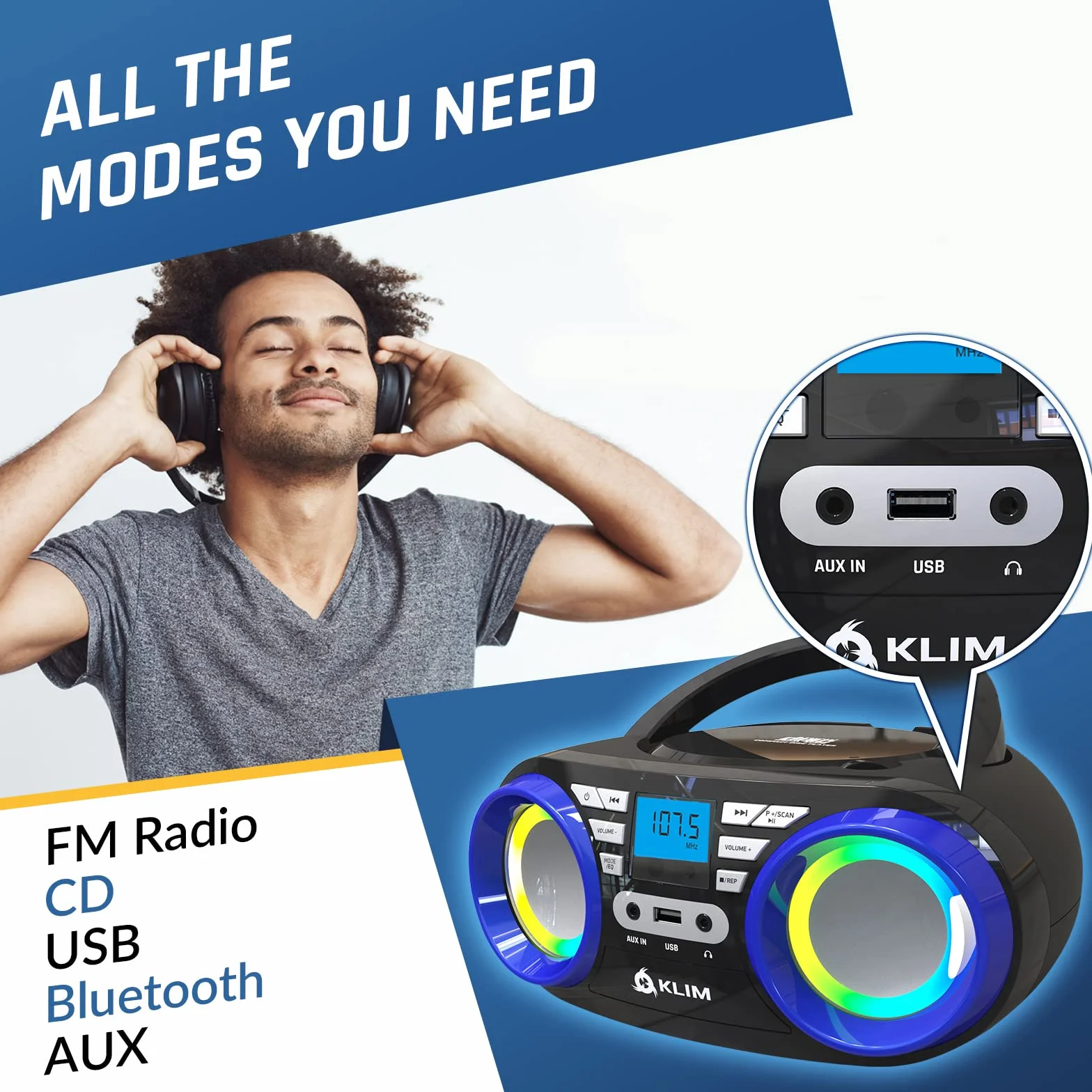 KLIM Boombox B3 przenośny odtwarzacz CD – Nowość 2024 – radio FM, CD, Bluetooth, USB, MP3, Boombox CD, tryb przewodowy i bezprzewodowy z bateriami do ładowania, obiektyw laserowy, przenośny odtwarzacz