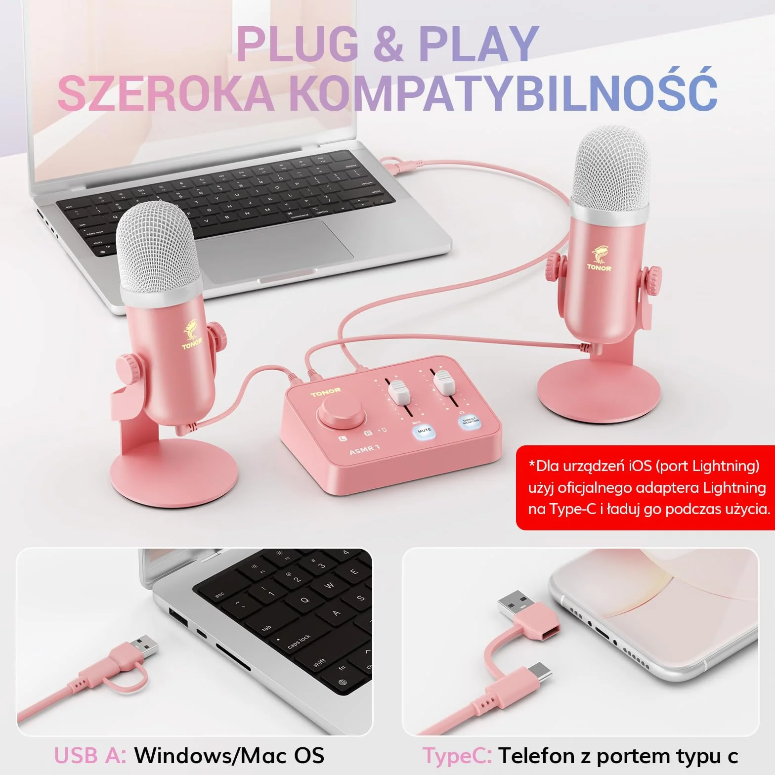 TONOR ASMR z Interfejsem Audio, Mikrofon USB z Podwójnym Kondensatorem, 192kHz, Dźwięk 3D, Czysty Dźwięk, Regulacja Głośności, Mikser, do Nagrywania i Tworzenia Treści – Różowy