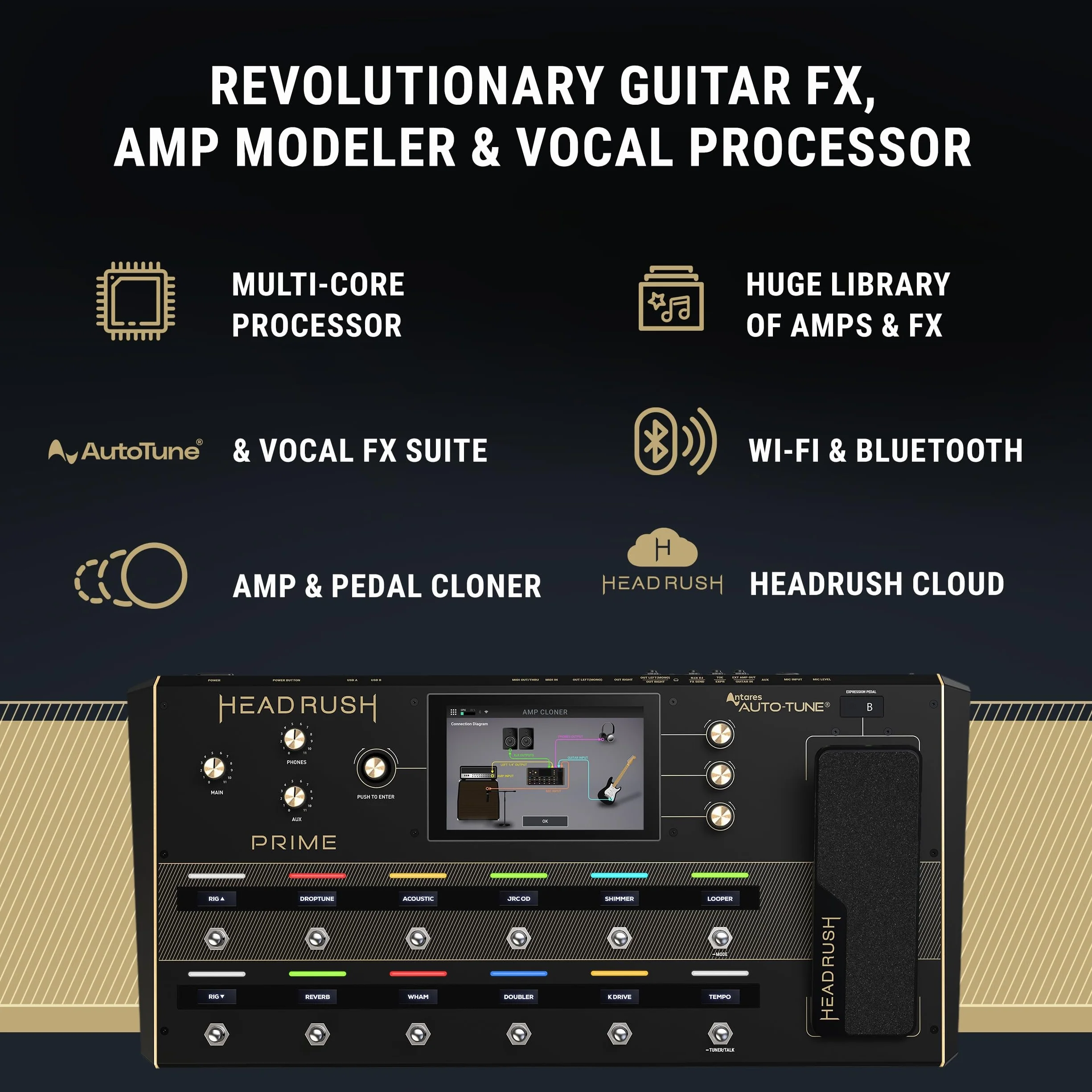 HeadRush Prime – Multiefekt do gitary i wokali z procesorem modelującym, Amp Clonerem, Antares Auto-Tune, WiFi, ekranem dotykowym, Looperem, Bluetooth