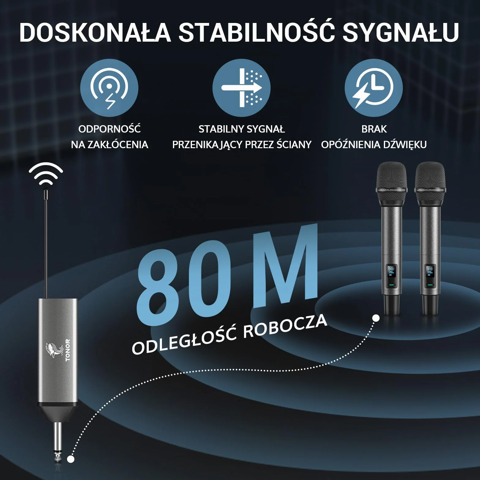 TONOR Bezprzewodowy System Mikrofon Ręczny TW520, Zasięg UHF 60m, Mikrofon do Karaoke