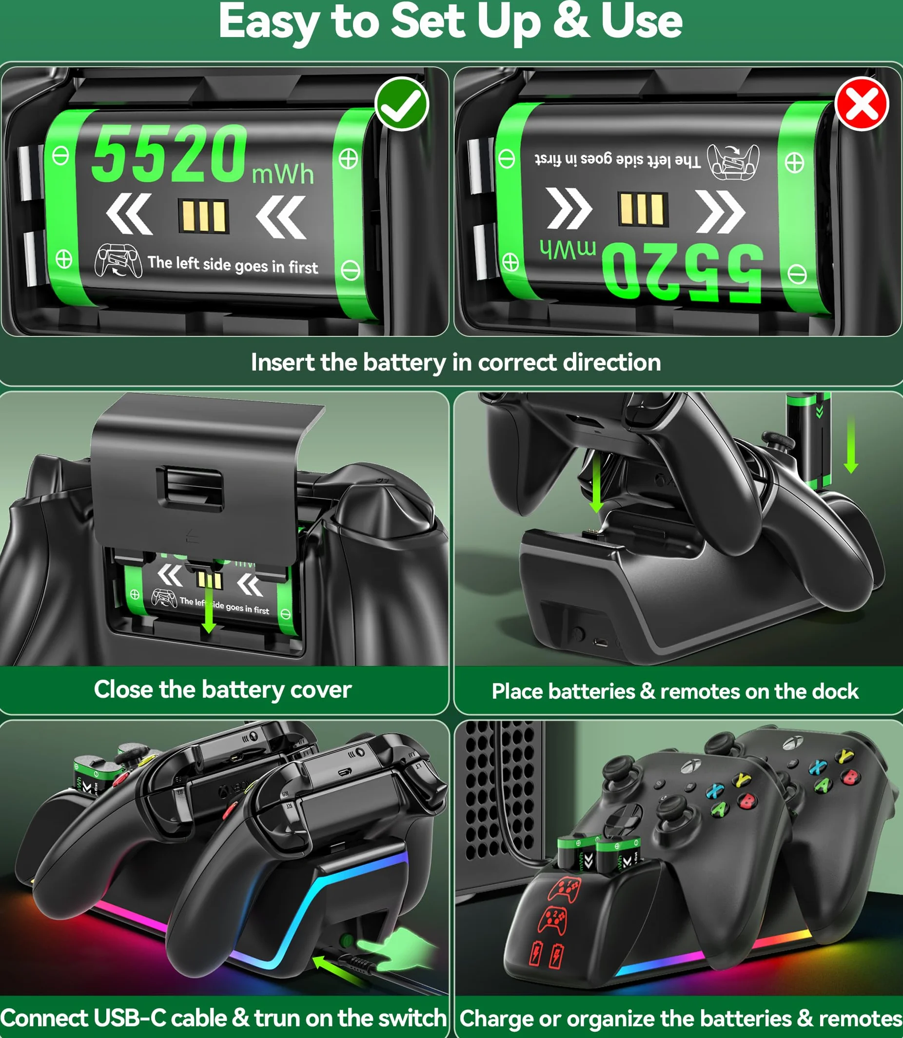 Stacja ładująca kontrolera Xbox z 4 x 5520 mWh akumulatorami do Xbox Series/One X|S, podwójna stacja ładująca RGB Xbox z kontrolerem X, akcesoria do kontrolerów gier