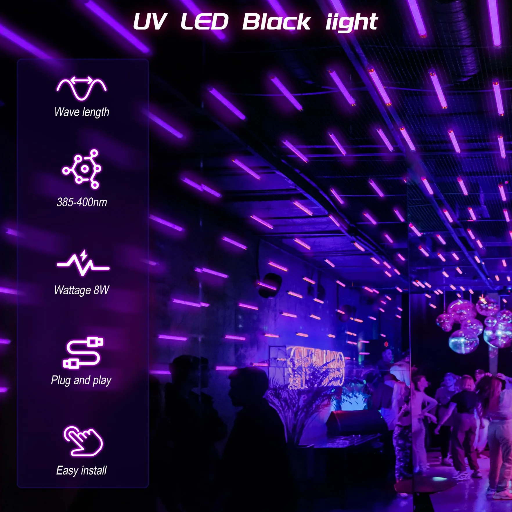 VAYALT 2 sztuki lamp UV z czarnym światłem, 8W USB UV LED lampa z czarnym światłem 385-400 listwa z czarnym światłem, rurka UV z przełącznikiem na dyskotekę, imprezę świecącą, akcesoria imprezowe