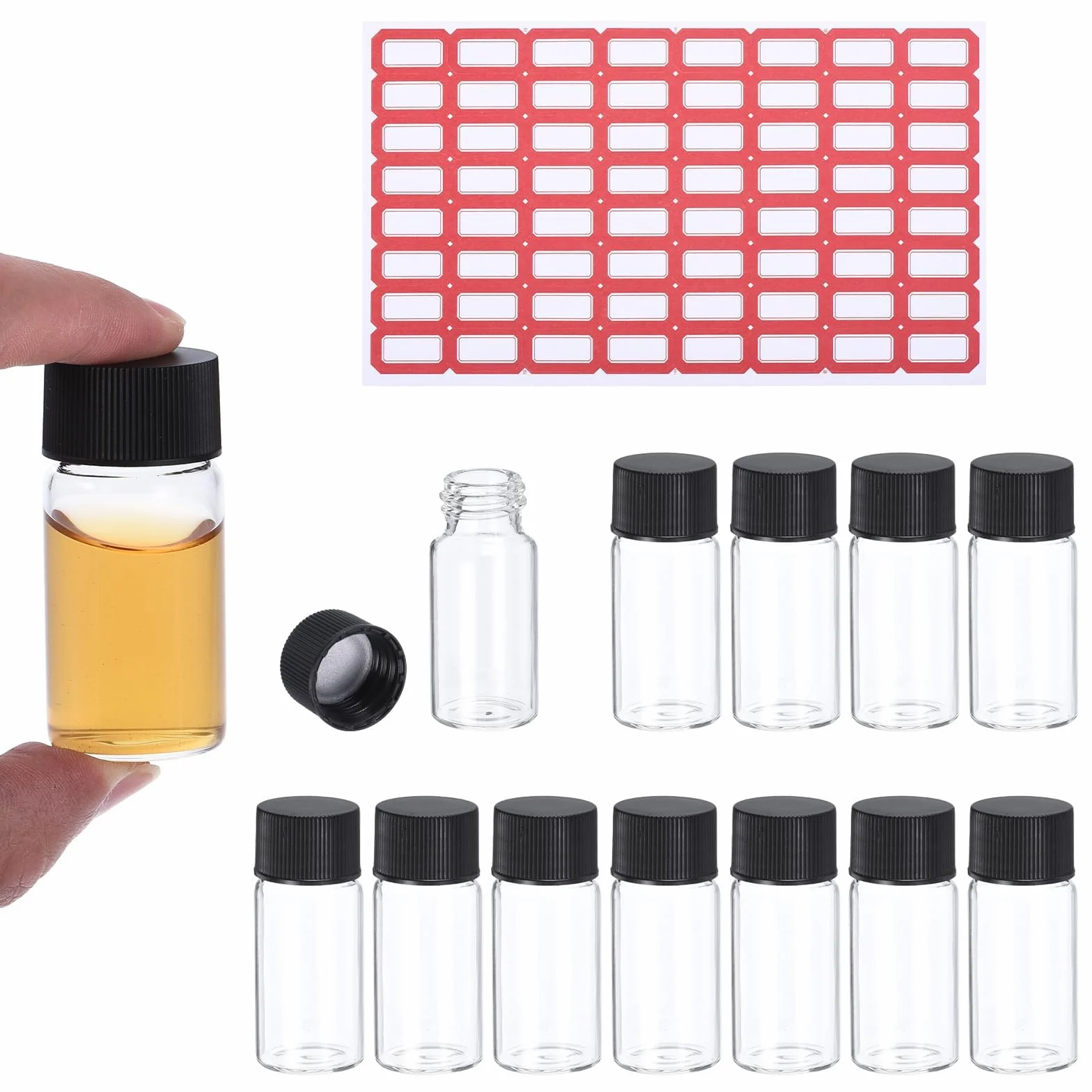 PATIKIL 10 ml fiolek z przezroczystego szkła, 12 fiolek na próbki z zakrętką, butelka z odczynnikiem, z etykietami, szczelna szklana fiolka na próbki, do laboratorium laboratoryjnego