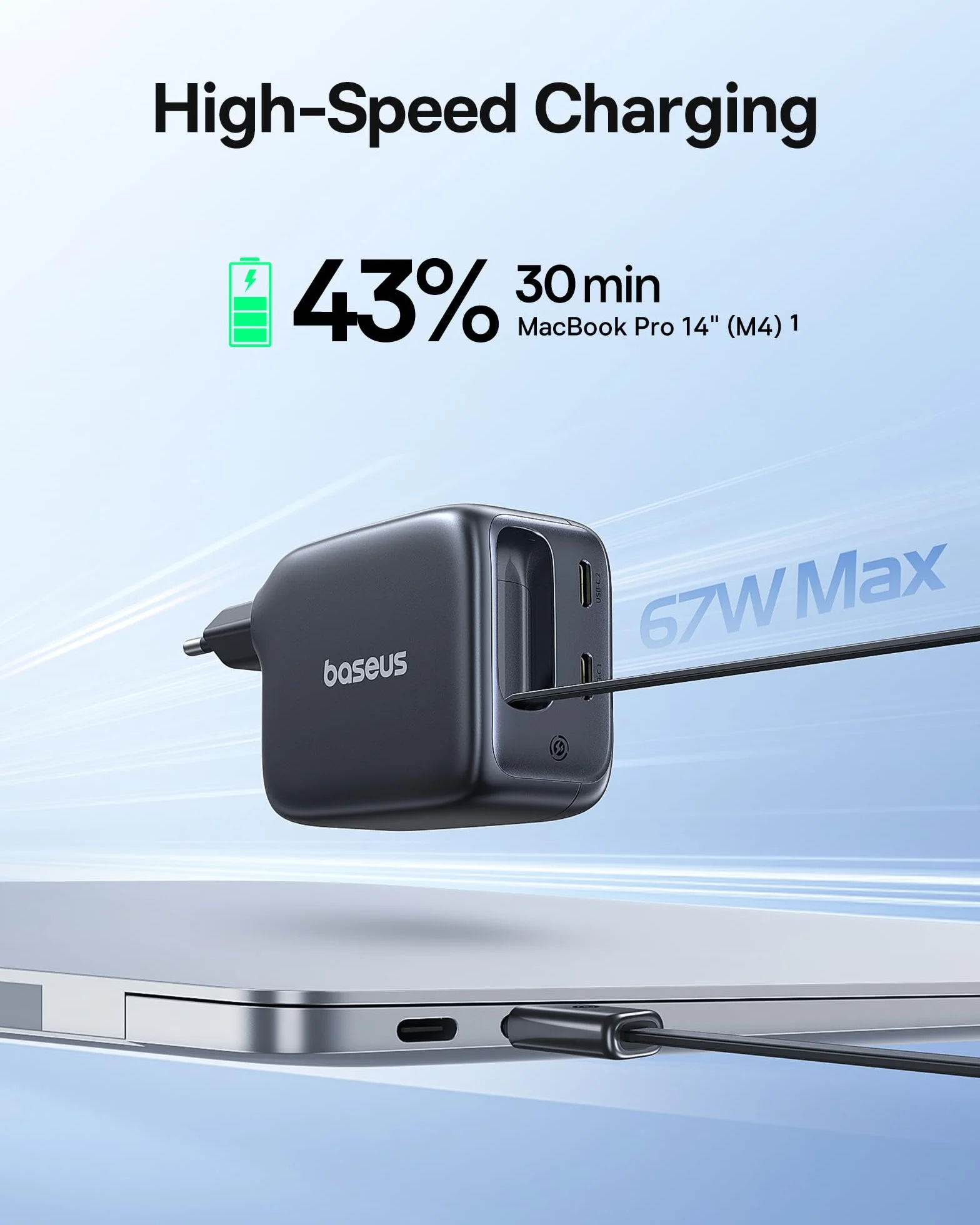 Baseus Enercore Ładowarka USB-C 67W z Wysuwanym Kablem, Zasilacz GaN z 2 Portami USB-C, Kompaktowa Szybka Ładowarka Zgodna z MacBook Pro, Dell, HP, iPad, iPhone 16 Pro, Galaxy S25