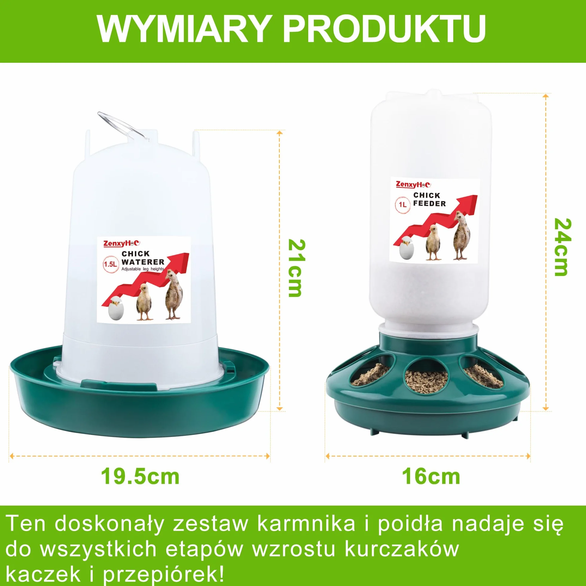 ZenxyHoC Zestaw do poidła dla piskląt, automat do karmy dla kurcząt, 1 kg i poidło 1,5 l z 3 regulowanymi wysokościami (zielony)