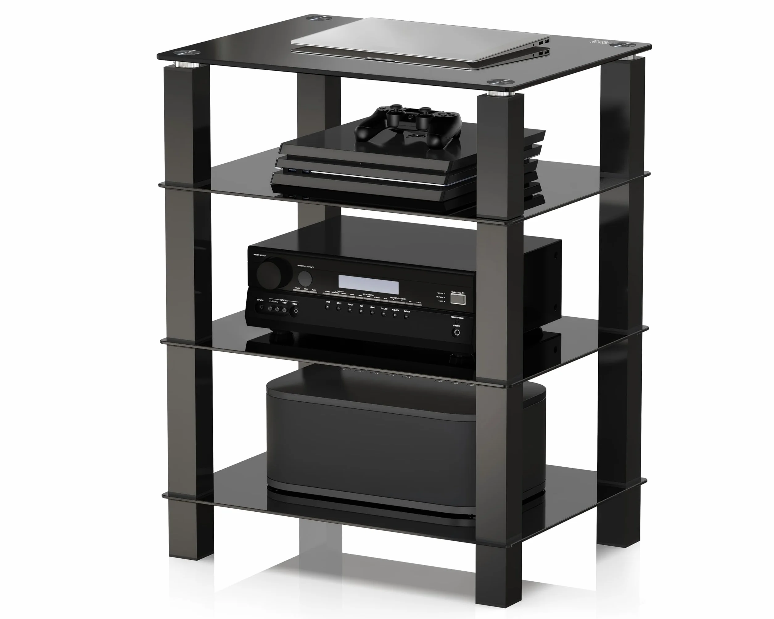 FITUEYES HiFi Rack AV półka 4-poziomowy szklany stojak na telewizor z półkami do przechowywania mediów ze szkła hartowanego, czarny