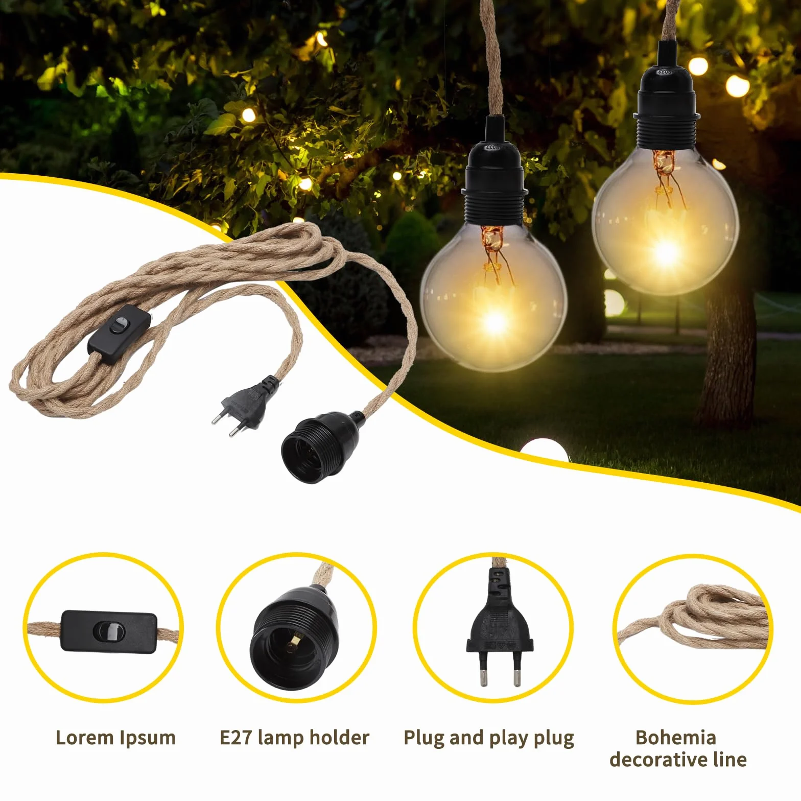 HENGBIRD Oprawka lampy E27 z kablem 4,5 m z woreczkiem śrubowym i hakiem bakelitowym, oprawa lampy konopnej w stylu vintage, z kablem i wtyczką, oprawa E27 do salonu, kuchni, baru, odporna na