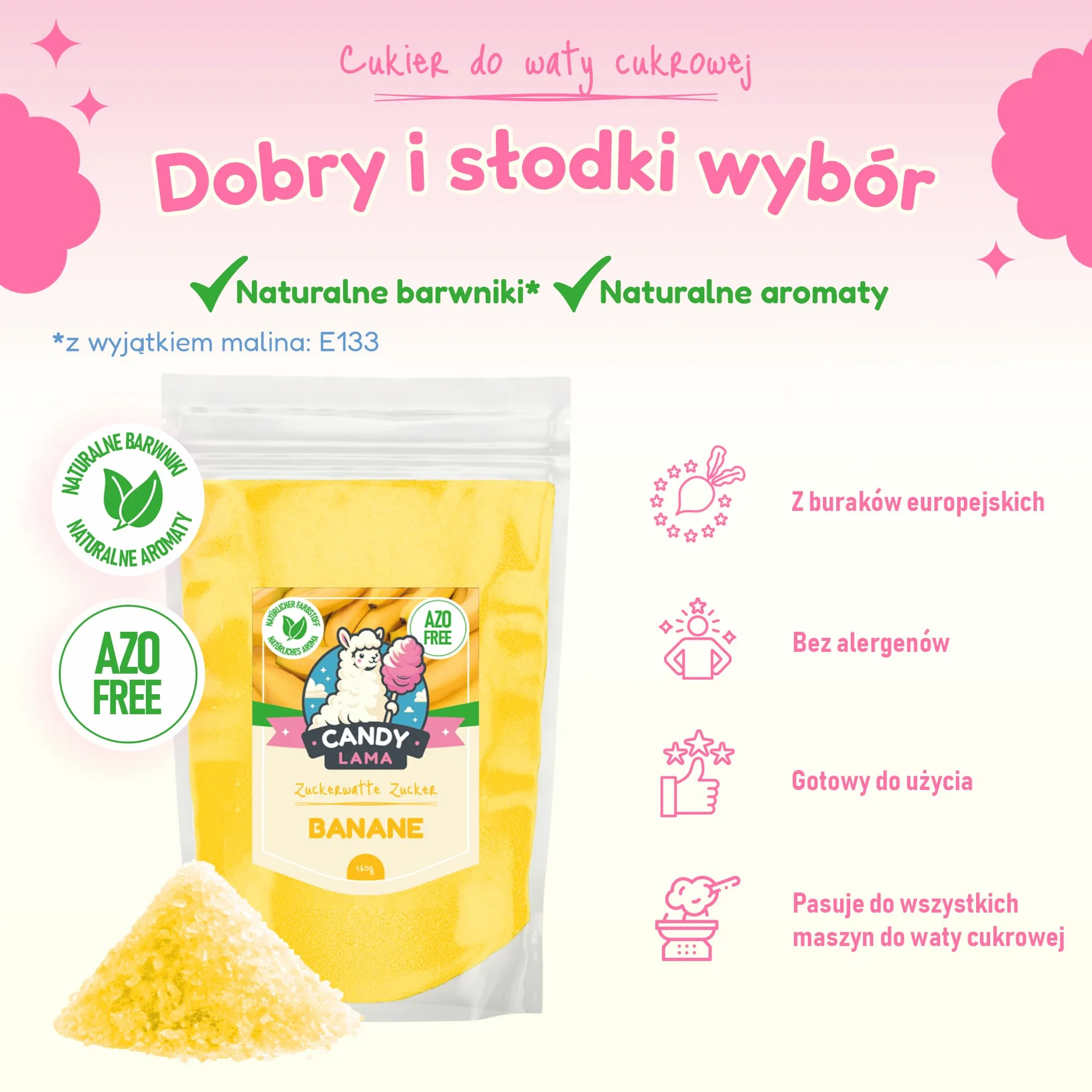 CANDY LAMA Zestaw cukrów do waty cukrowej, zestaw imprezowy 5 x 160g: Truskawka, Malina, Jabłko, Banan i Arbuz, w zestawie 20 patyczków do waty cukrowej, do maszynki