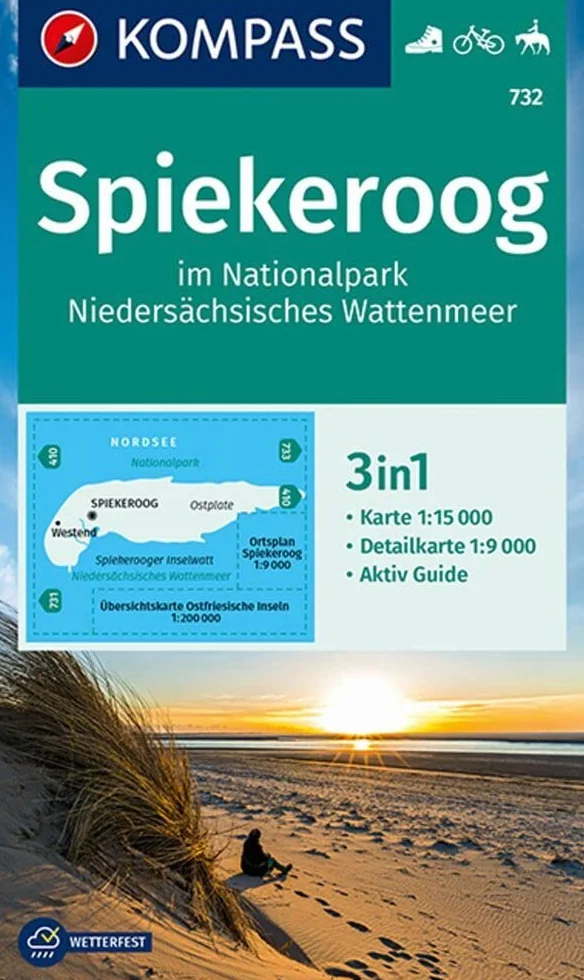 KOMPASS Wanderkarte 732 Spiekeroog im Nationalpark NIedersächsisches Wattenmeer 1:15.000: 3in1 Wanderkarte mit Aktiv Guide und Detailkarte. Fahrradfahren Reiten.