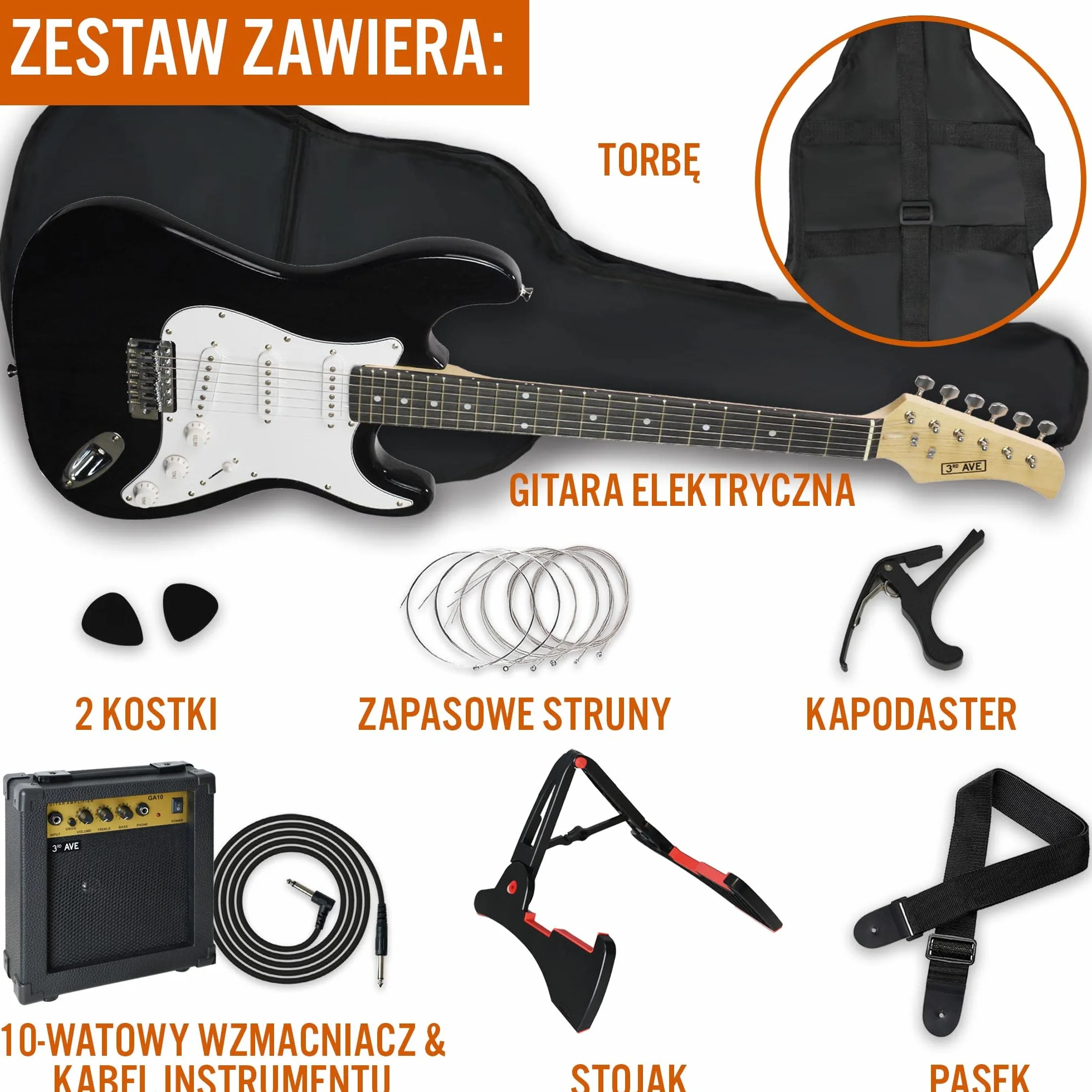 3rd Avenue Zestaw gitary elektrycznej 4/4, wzmacniacz 10W, czarny