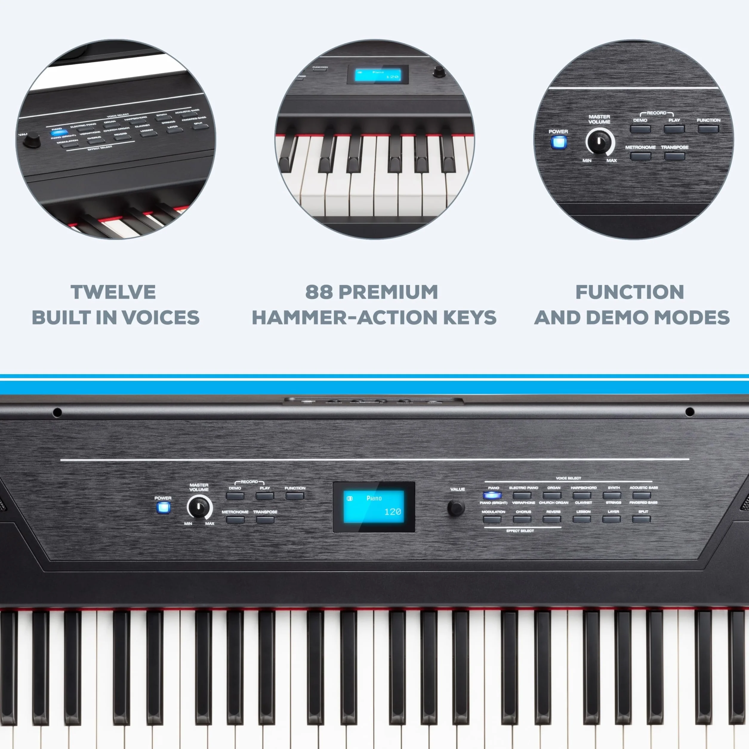 Alesis Recital Pro - Cyfrowe Pianino Elektryczne; Keyboard z 88-Klawiszową Ważoną Klawiaturą Młoteczkową, 12 Brzmieniami i Wbudowanymi Głośnikami