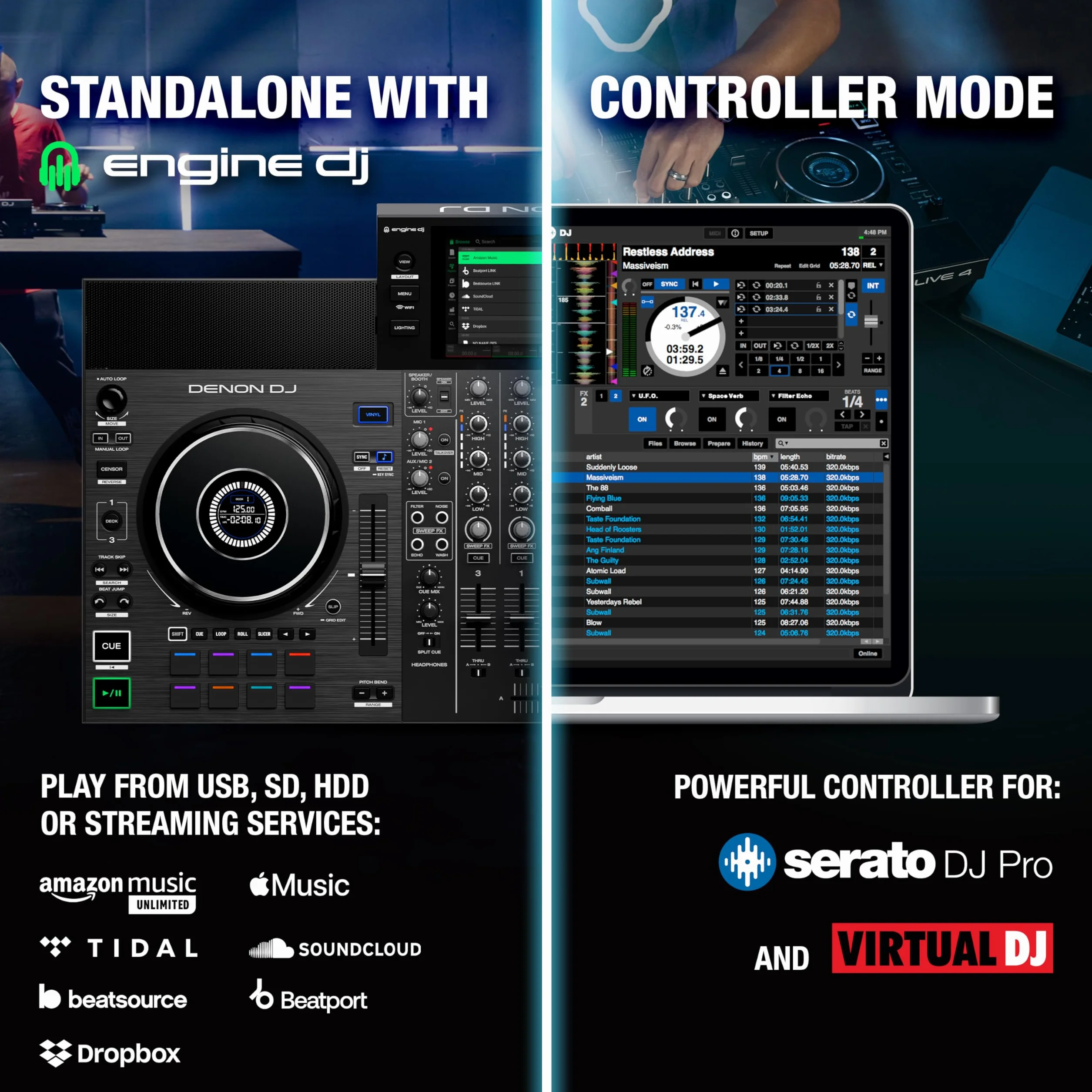 Denon DJ SC LIVE 4 Kontroler DJ z Separacją Stemów na 4 Deckach, Streamingiem Wi-Fi, Wbudowanymi Głośnikami, Kompatybilny z Serato DJ i Virtual DJ