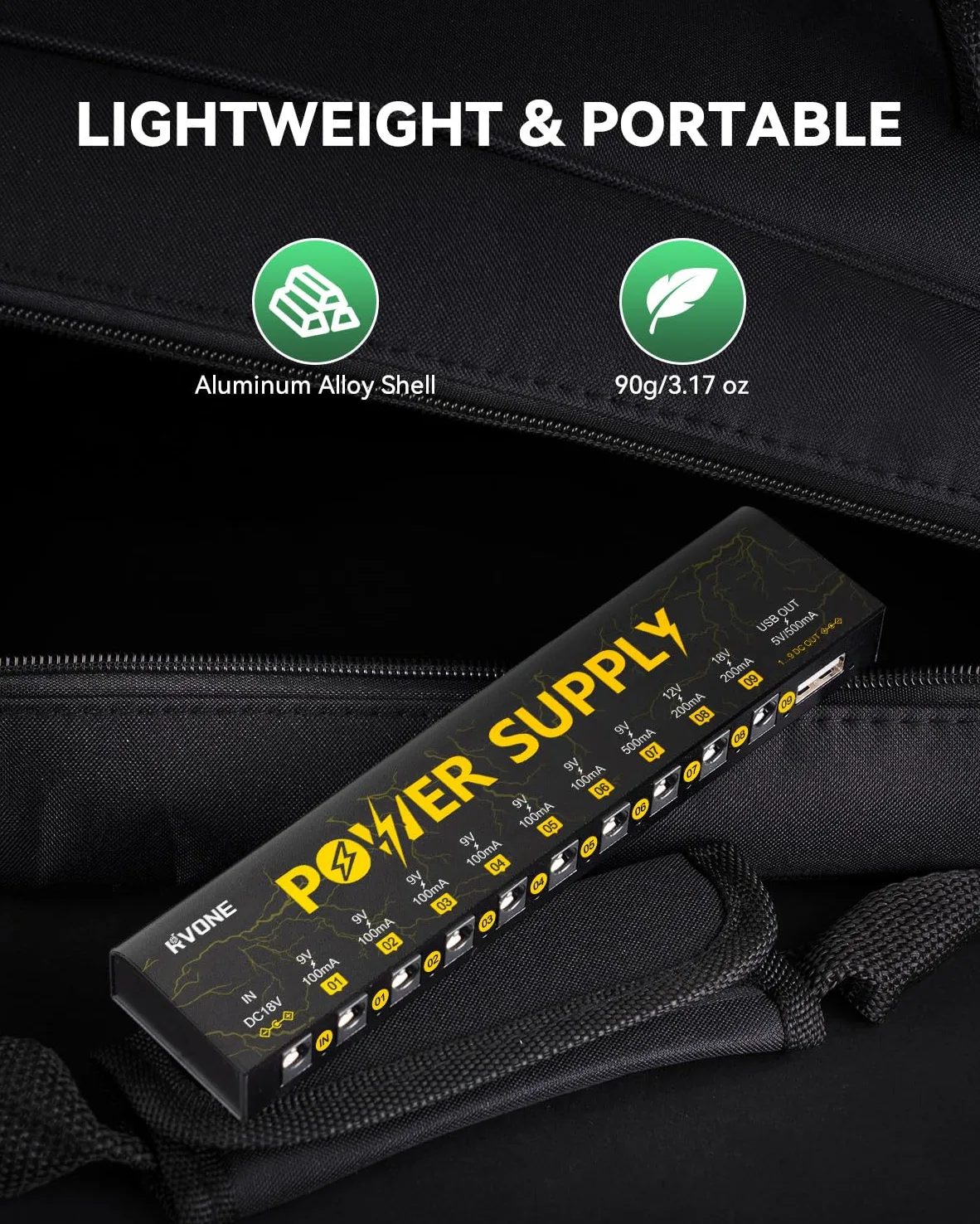 RVONE Zasilacz do pedałów gitarowych z 10 izolowanymi wyjściami DC i USB, ochroną przed zwarciem, redukcja szumów, stabilne zasilanie 9 V/12 V/18 V do pedałów efektów (Lightning Yellow)