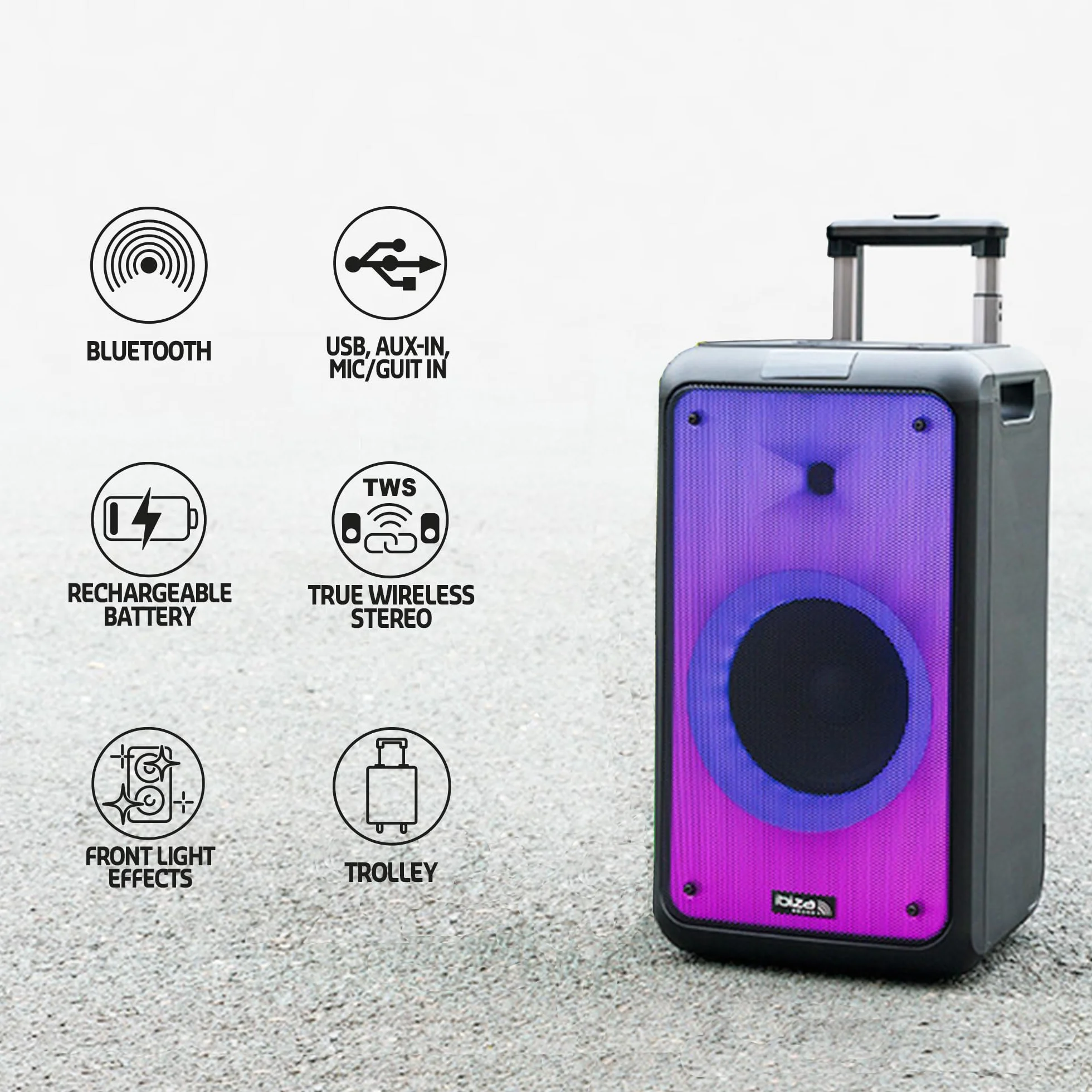 Ibiza - STREET-WAVE - Przenośny głośnik akumulatorowy 8"/400W z Bluetooth, USB i microSD - efekt WAVE LED i bezprzewodowe połączenie TWS - Czarny