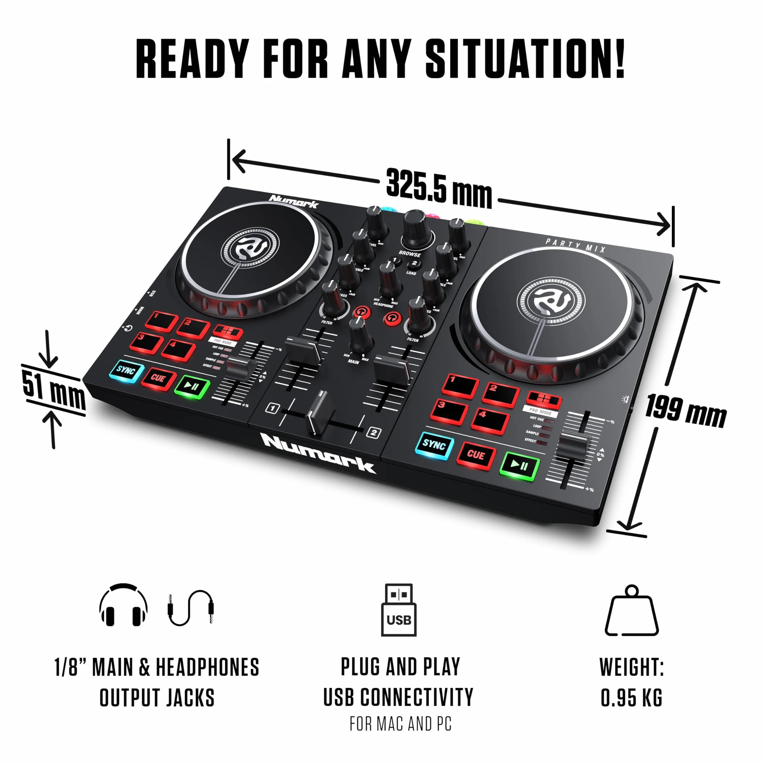 Numark Party Mix II DJ Kontroler Zestaw Dla Początkujących DJ-Ów z Imprezowym Oświetleniem i Mikserem do Serato DJ