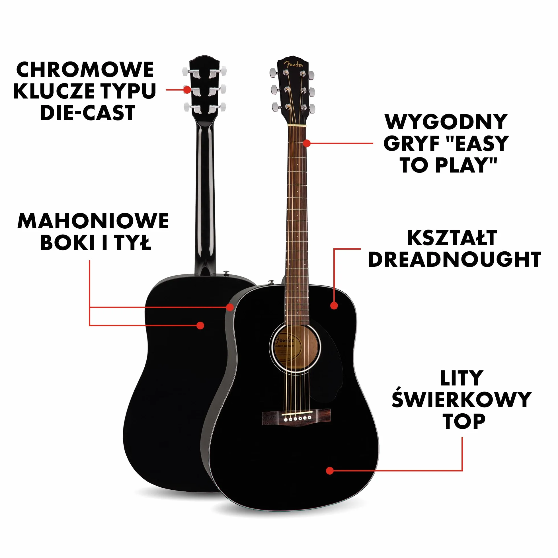 Fender Gitara akustyczna CD-60S Dreadnought, podstrunnica orzechowa, czarna, w zestawie bezpłatne lekcje wirtualne