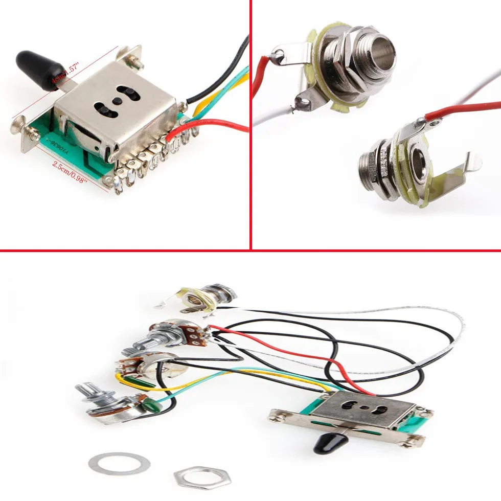 RUNCCI-YUN Prewired Kit, wiązka przewodów do gitary elektrycznej, 2T1 V, 5-drożny przełącznik, 500 K, do części zamiennych, czarna końcówka (obrotowa nasadka audio)
