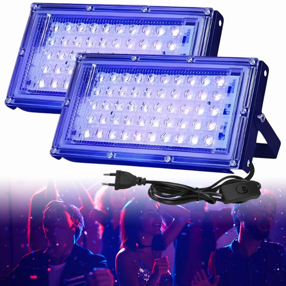 DASIAUTOEM Reflektor LED z czarnym światłem 50 W, 2 sztuki, klasa wodoszczelności IP66, 50 diod LED, czarne światło, UV z wtyczką, na dyskotekę, imprezę, Halloween, oświetlenie sceniczne