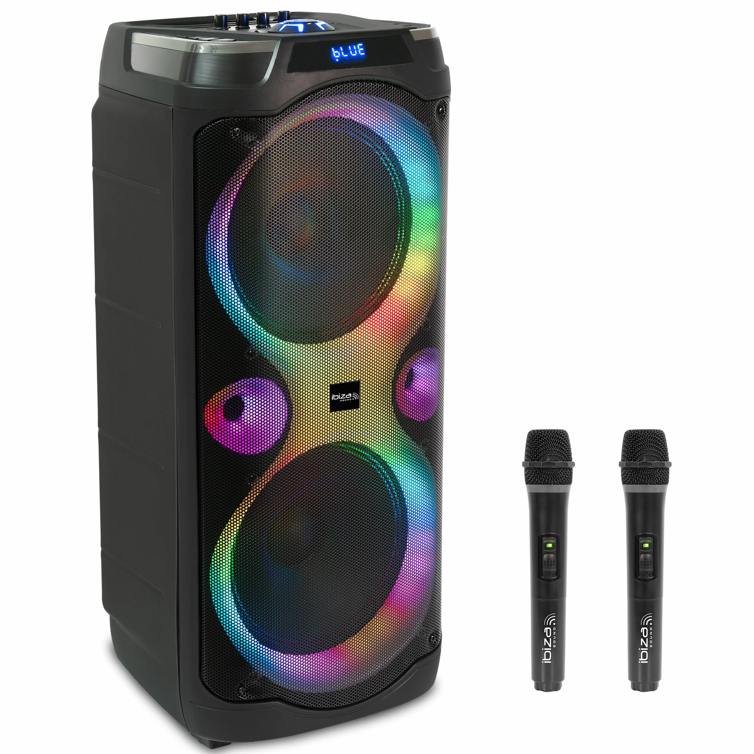 Ibiza - COLUMBA-KARAOKE - Głośnik Bluetooth KARAOKE z 2 mikrofonami bezprzewodowymi - Zmieniacz głosu, oświetlenie LED, funkcja Talkover i Rec - Wieczory Karaoke