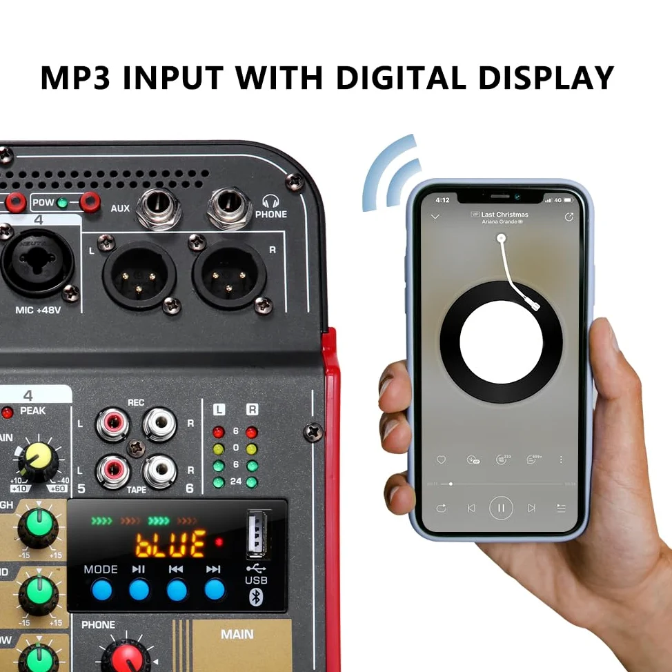Mikser audio DJ Mikser 6-kanałowy Konferencja zewnętrzna USB Procesor pogłosu zgodny z Bluetooth Śpiewaj na żywo z kartą dźwiękową Miksery