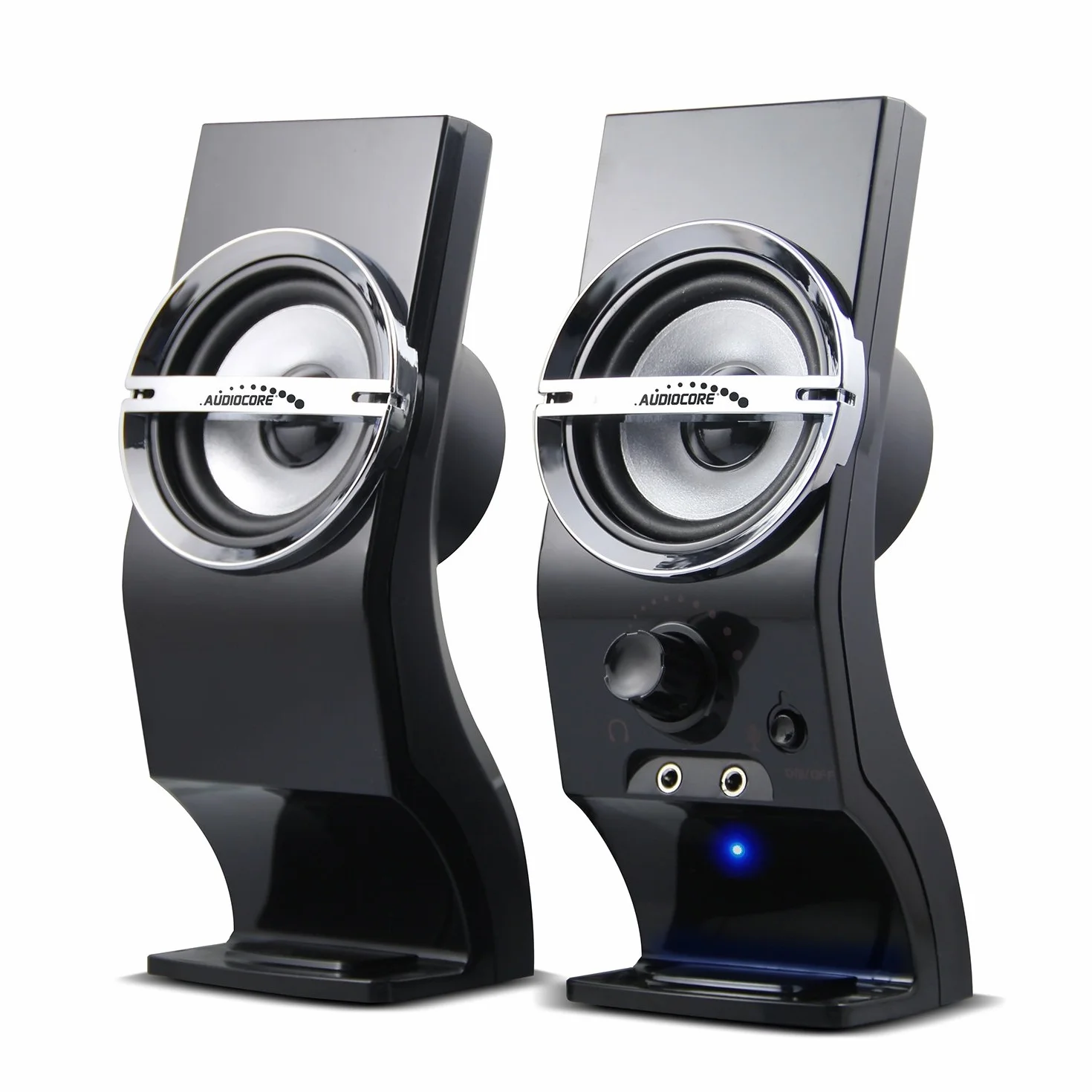 Audiocore AC805 Eleganckie Głośniki Stereo 2.0, Czarno-Srebrne do Komputera, Podświetlane LED Gamingowe do Laptopa na USB 6W, MiniJack