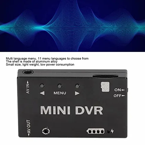 Mini DVR FPV z nagrywaniem wideo i dźwięku, przełączanie NTSC/PAL, wbudowany akumulator, obudowa z aluminium, obsługa kart do 32 GB, wymiary: 53 × 33 × 9 mm.