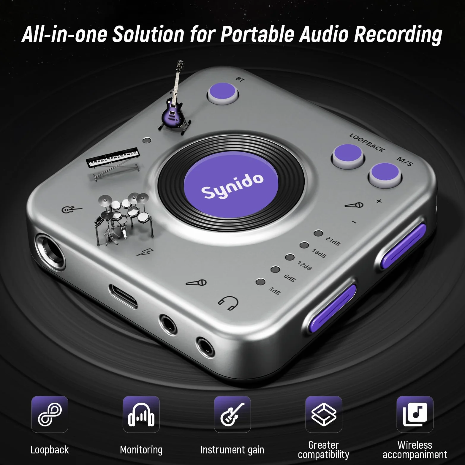 Synido Interfejs audio do nagrywania muzyki ze sterowaniem wzmocnieniem instrumentu, 24 bit/96 kHz, przenośny interfejs audio HiFi, w zestawie z USB-C, lekki adapter audio do