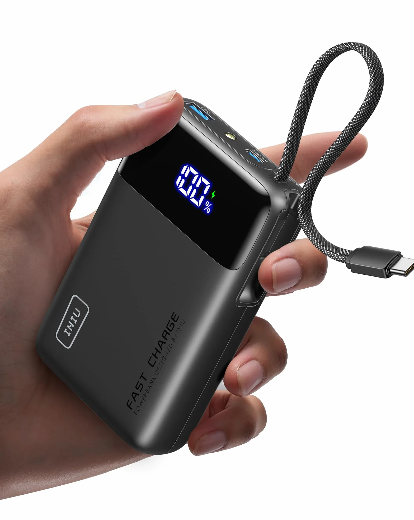INIU Power Bank 20000mAh, Mały 45W PD Szybkim Ładowaniem Powerbank wbudowany Kabel USB-C, Bezpieczny w Locie Zestaw akumulatorów do iPhone 17 16 15 14 13 12 Pro Max Samsung S26 S25 Xiaomi iPad itp.