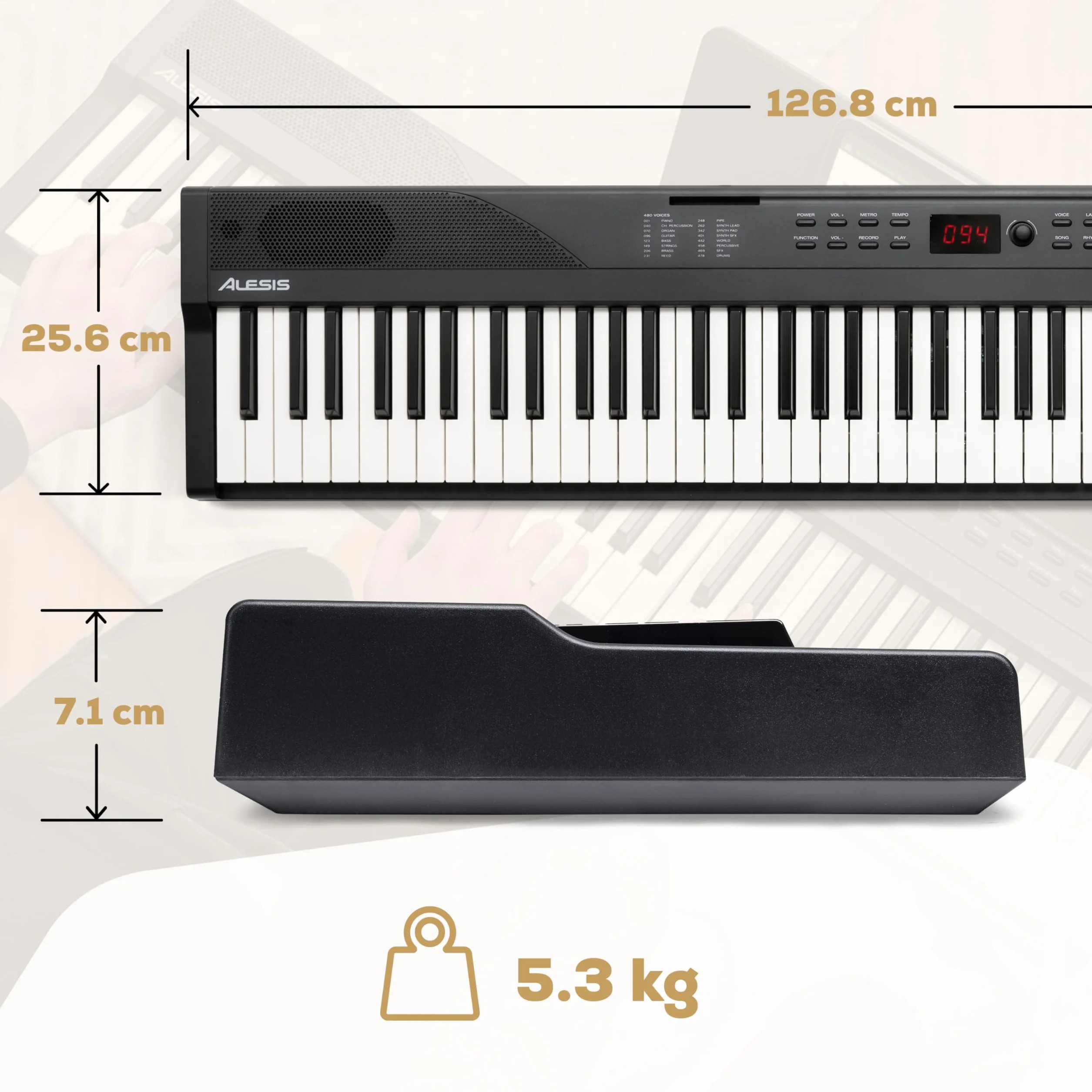 Alesis 88-klawiszowe pianino z 480 brzmieniami, głośnikami, USB MIDI, stojakiem na nuty/tablet, zasilaczem i lekcjami