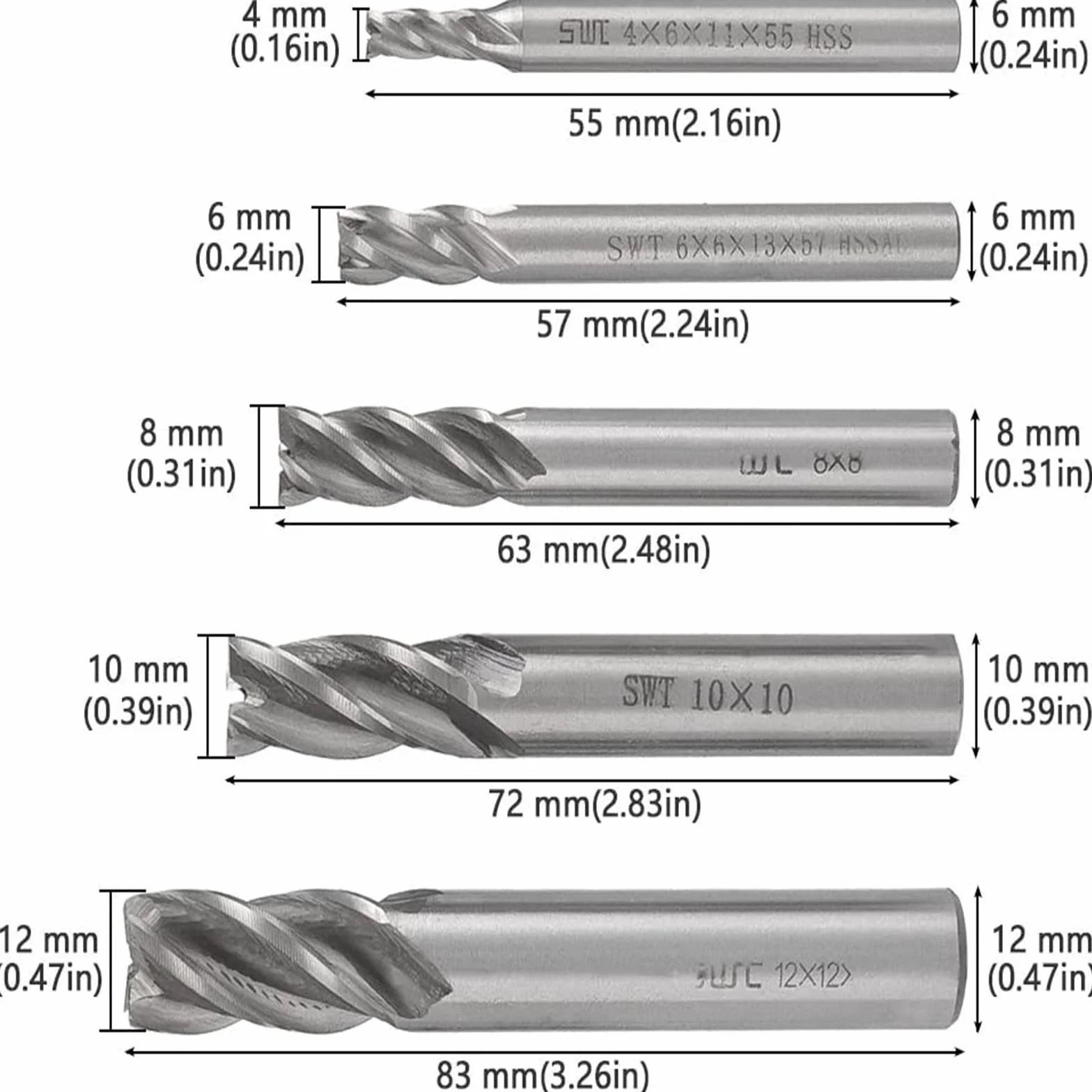 Wiertła frezowe, 5 szt. HSS CNC z węglika spiekanego 4 frez do frezów wiertła -4/6/8/10/12 mm do drewna stali aluminiowej tytanu