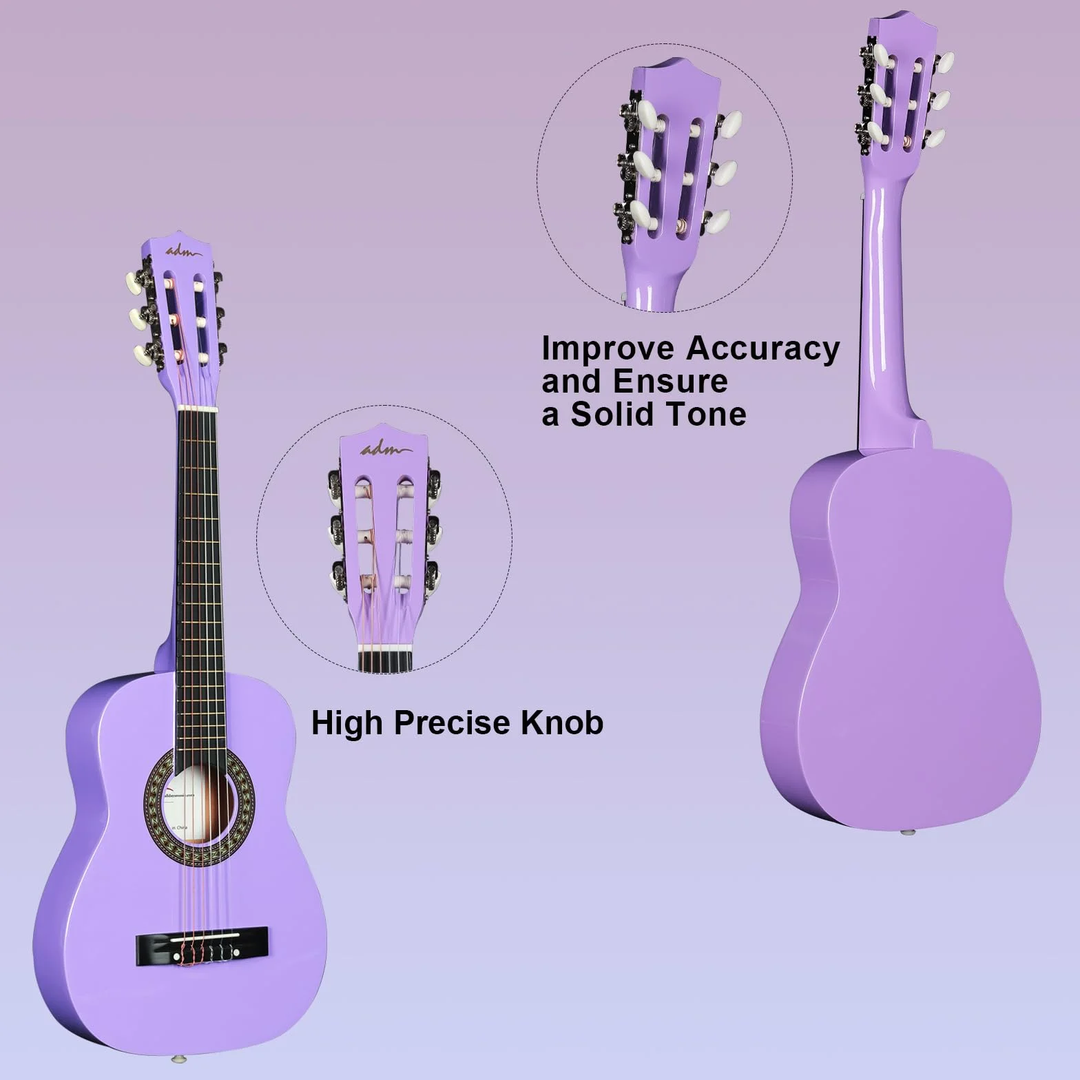 ADM 1/4 Zestaw z gitarą klasyczną dla dzieci, 76 cm, dla początkujących, z torbą koncertową, stroikiem, paskiem, kostkami, dodatkowymi strunami, torbą do przechowywania i ściereczką do czyszczenia,