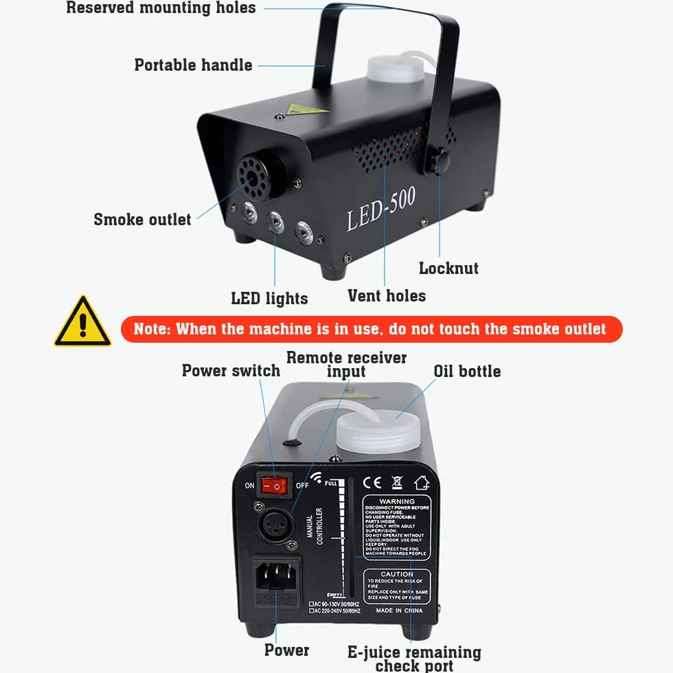 Maszyna do wytwarzania mgły 500 W, mini maszyna do palenia z pilotem zdalnego sterowania i efektem świetlnym RGB, przenośna maszyna do mgły, na Halloween, Boże Narodzenie, wesele, imprezę DJ (blaka)