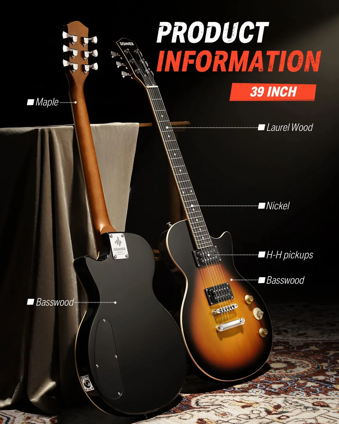 Donner Gitara elektryczna zestaw gitary elektrycznej w stylu LP 39 cali pełny rozmiar z torbą, paskiem, kablem (Sunburst)