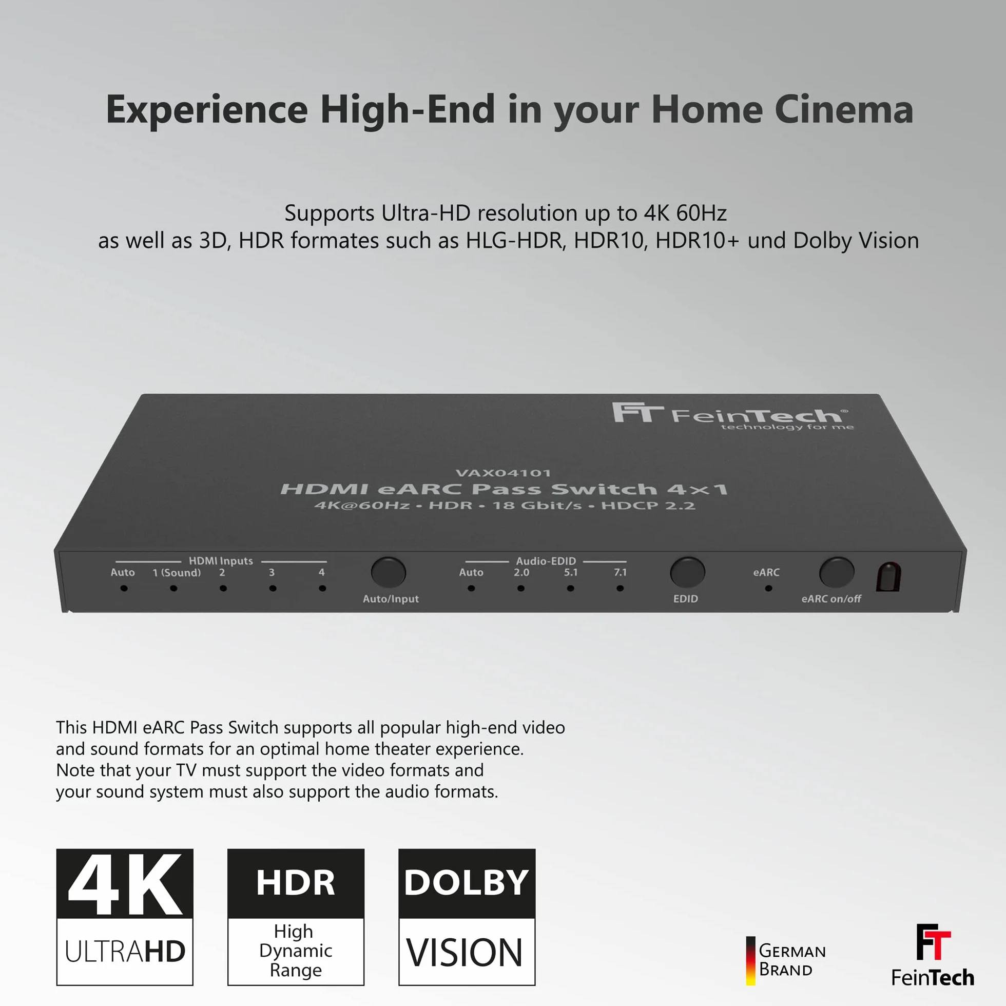 FeinTech VAX04101A HDMI eARC Pass Switch 4 x 1, do 3 źródeł HDMI, soundbar i projektora TV 4K HDR Dolby Atmos