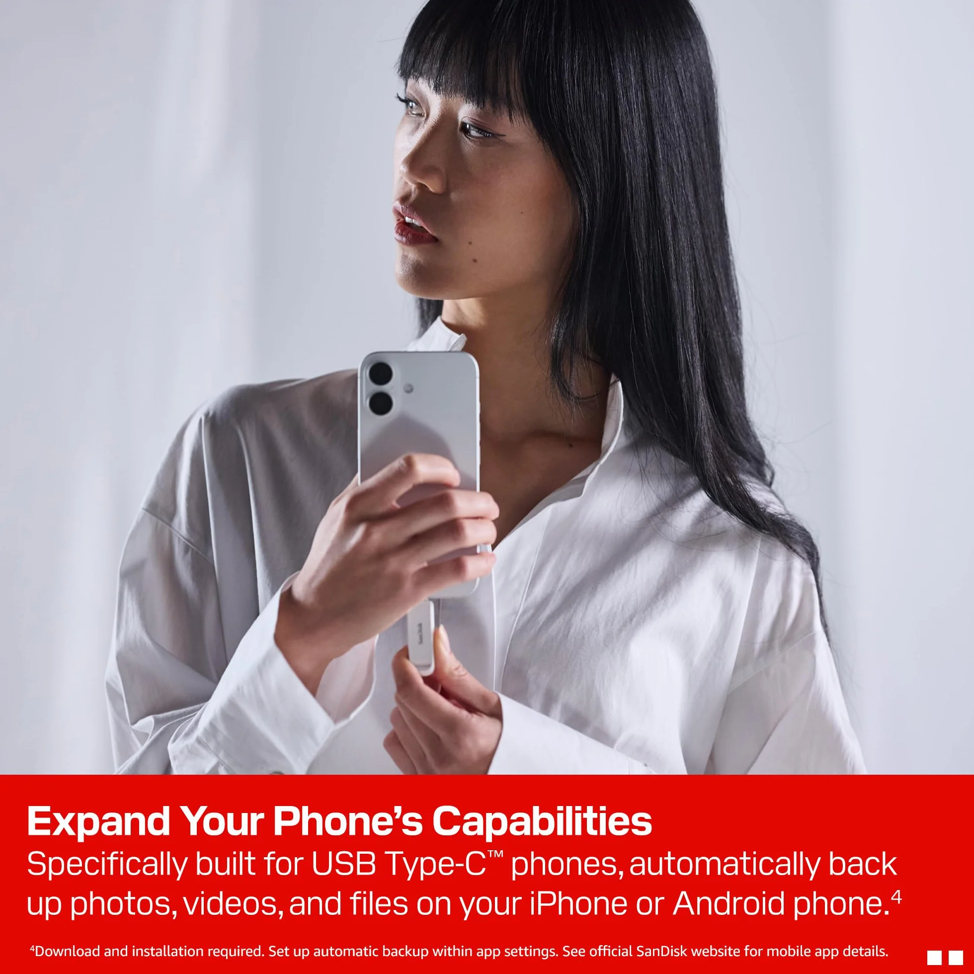 SanDisk Phone Drive z USB Type-C 256 GB (do telefonu, do smartfonów, tabletów i komputerów, prędkością 150 MB/s, Wykonuj automatyczne kopie, Dzięki odzyskiwaniu) - Arctic White