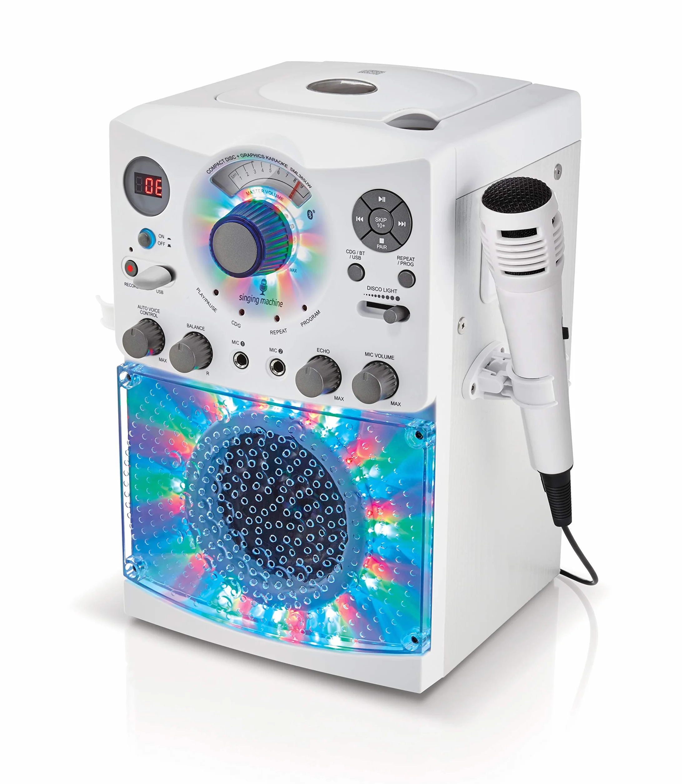 Singing Machine SML385U system karaoke ze złączem Bluetooth – biały dla Europy – efekty świetlne LED, mikrofon, USB, wyjścia RCA, regulator echa i równowagi oraz wejście AUX.