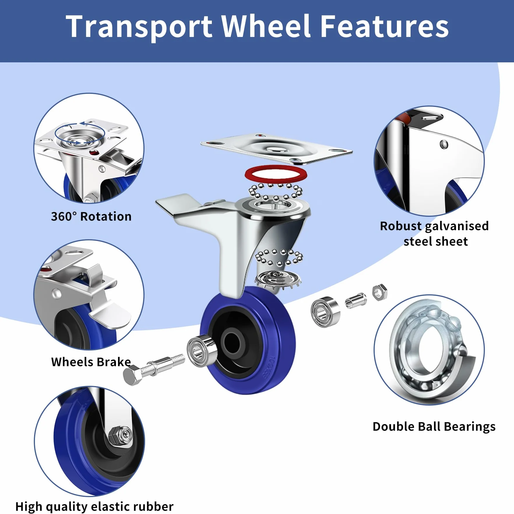 Forever Speed kółka do dużych obciążeń 100 mm, 4 sztuki, gumowe kółka skrętne z hamulcem, Premium rolki transportowe do 200 kg, 360-stopniowe kółka meblowe, przemysłowe roleczki, do dużych obciążeń do