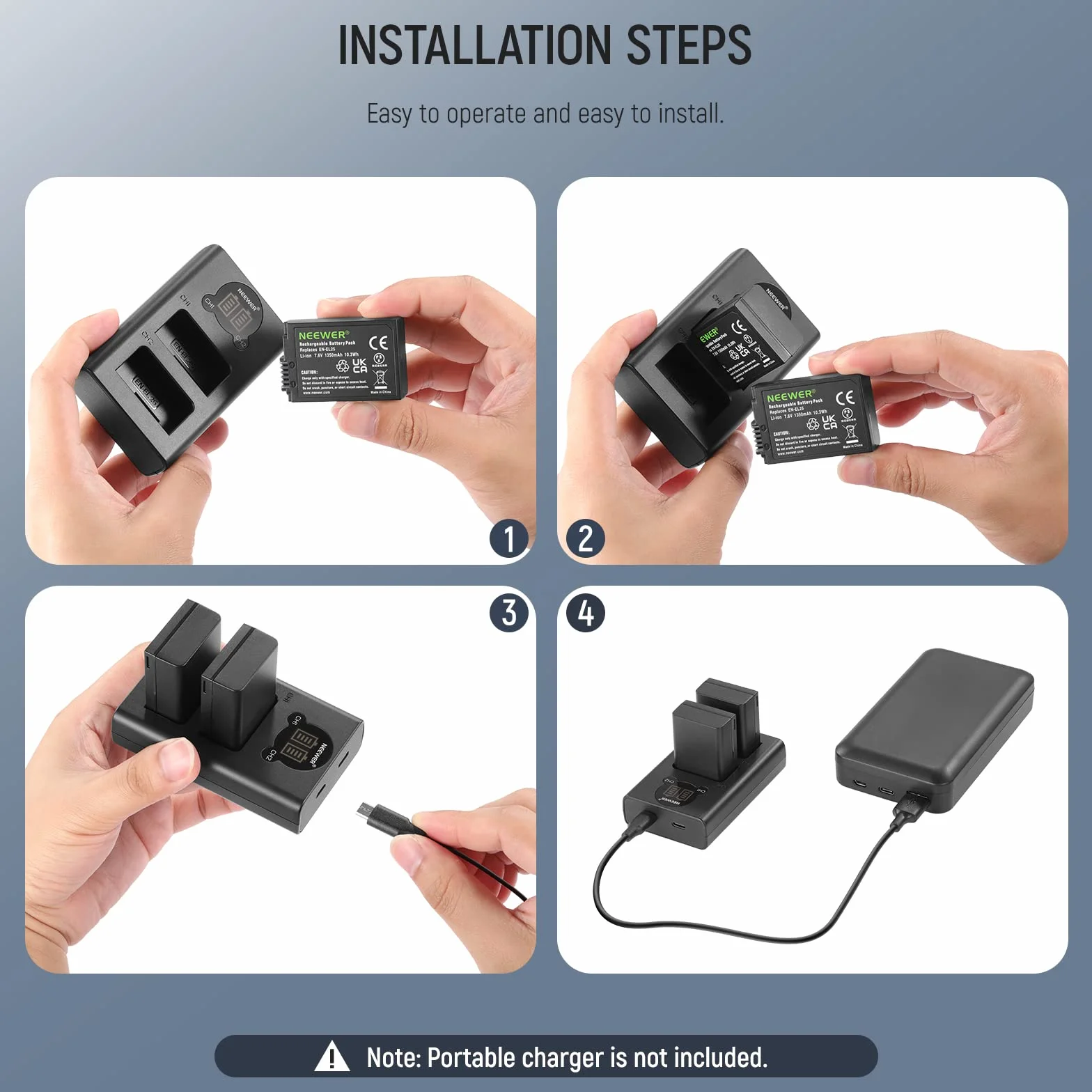 NEEWER EN-EL25 akumulator zamienny i ładowarka USB, zestaw 2 baterii 1350 mAh i dwukanałowa ładowarka USB typu C, kompatybilna z aparatem Nikon Z30 Z50 ZFC 4241 EN-EL25 akumulator MH-32 ładowarka