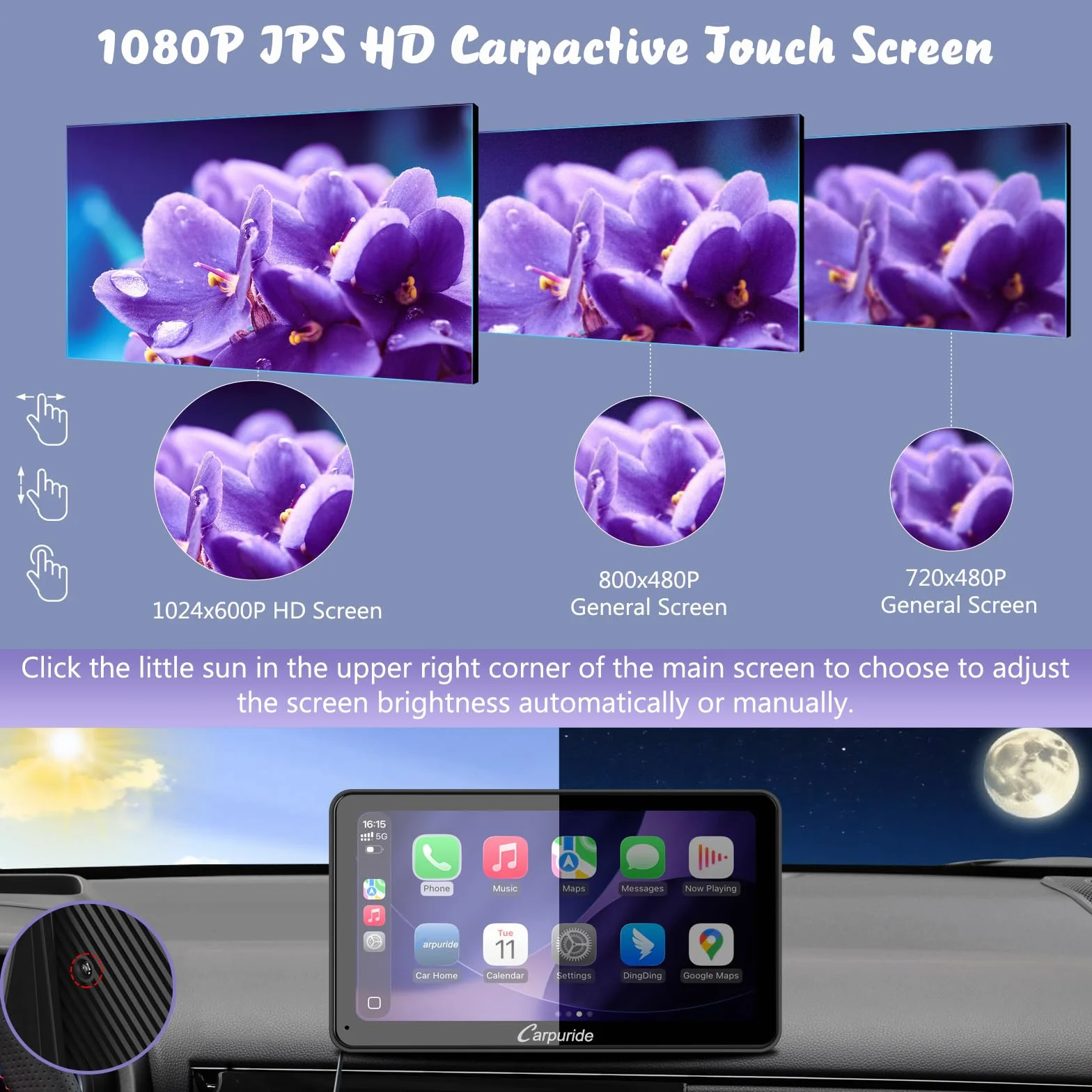 Carpuride W701 Pro z bezprzewodową transmisją Bluetooth, przenośne radio samochodowe z CarPlay i Android Auto, 7-calowy ekran dotykowy 1080p, MirrorLink/GPS/Siri/FM, w zestawie 3 uchwyty