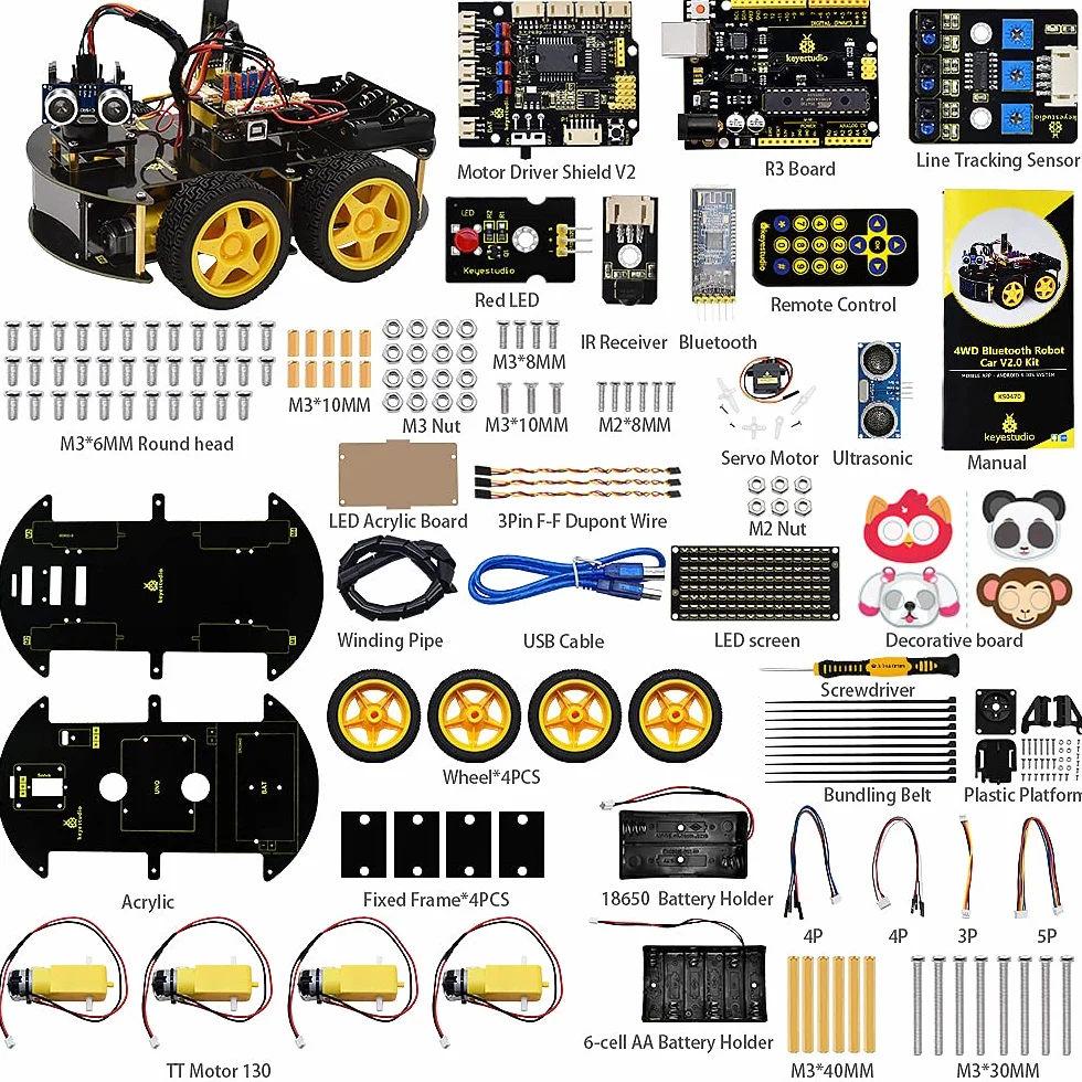 KEYESTUDIO 4WD zestaw do montażu robota V2.0+, kompatybilny z elektroniką Arduino IDE z mikrokontrolerem, modułem śledzenia line, czujnik ultradźwiękowy