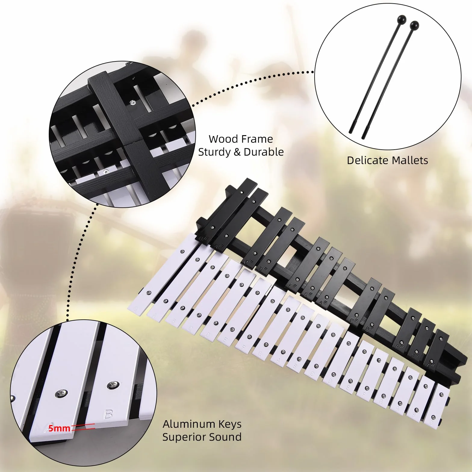 Btuty Glockenspiel 30 notatek składana drewniana rama aluminiowa pręty o grubości 5 mm perkusyjny instrument muzyczny z torbą do przenoszenia