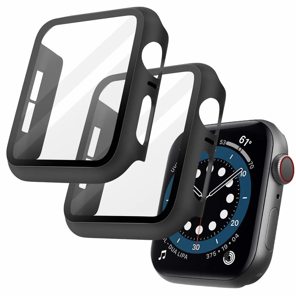 OFFCUP Etui z osłoną ekranu, 2 szt. twarde etui zaprojektowane do Apple Watch Series 4/5/6/SE 40 mm z osłoną ekranu ze szkła hartowanego, wbudowana folia ze szkła hartowanego, wysoka czułość (czarne)