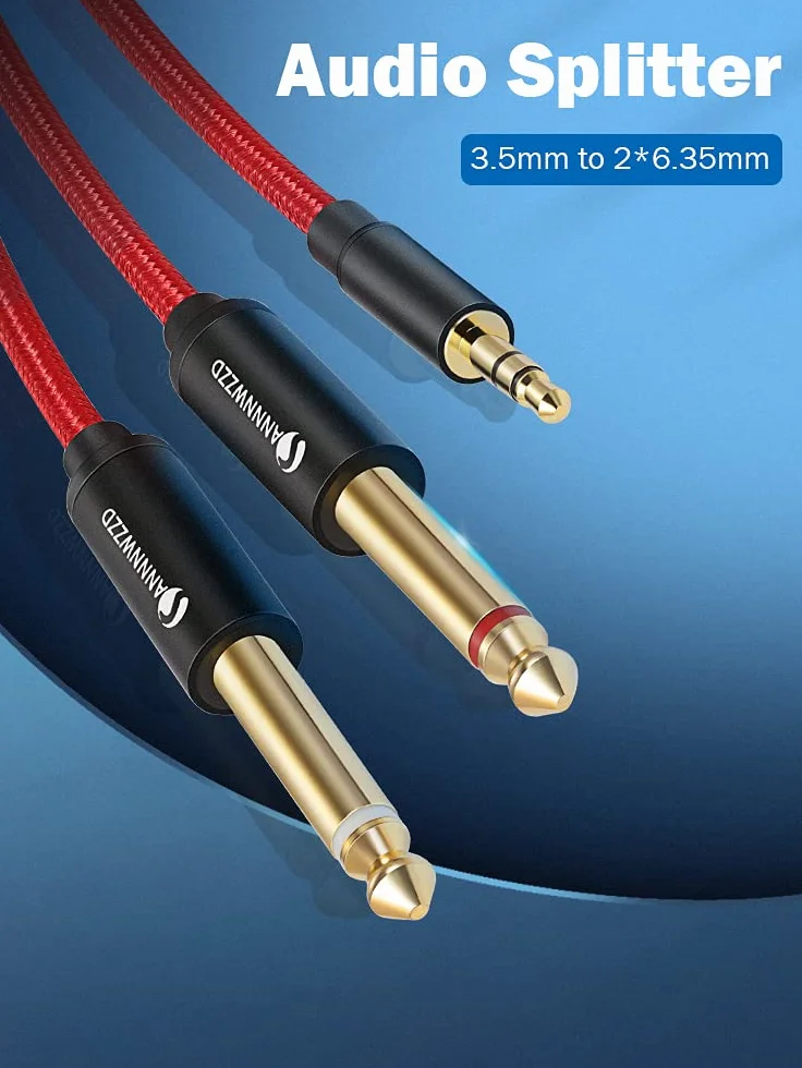 ANNNWZZD Kabel audio TRS na Dual 6,35 mm Mono Y audio, podwójna wtyczka jack 6,35 TS na 3,5 TRS kabel rozdzielający audio, kabel instrumentalny z plecionką nylonową do interfejsów cyfrowych (2 m)